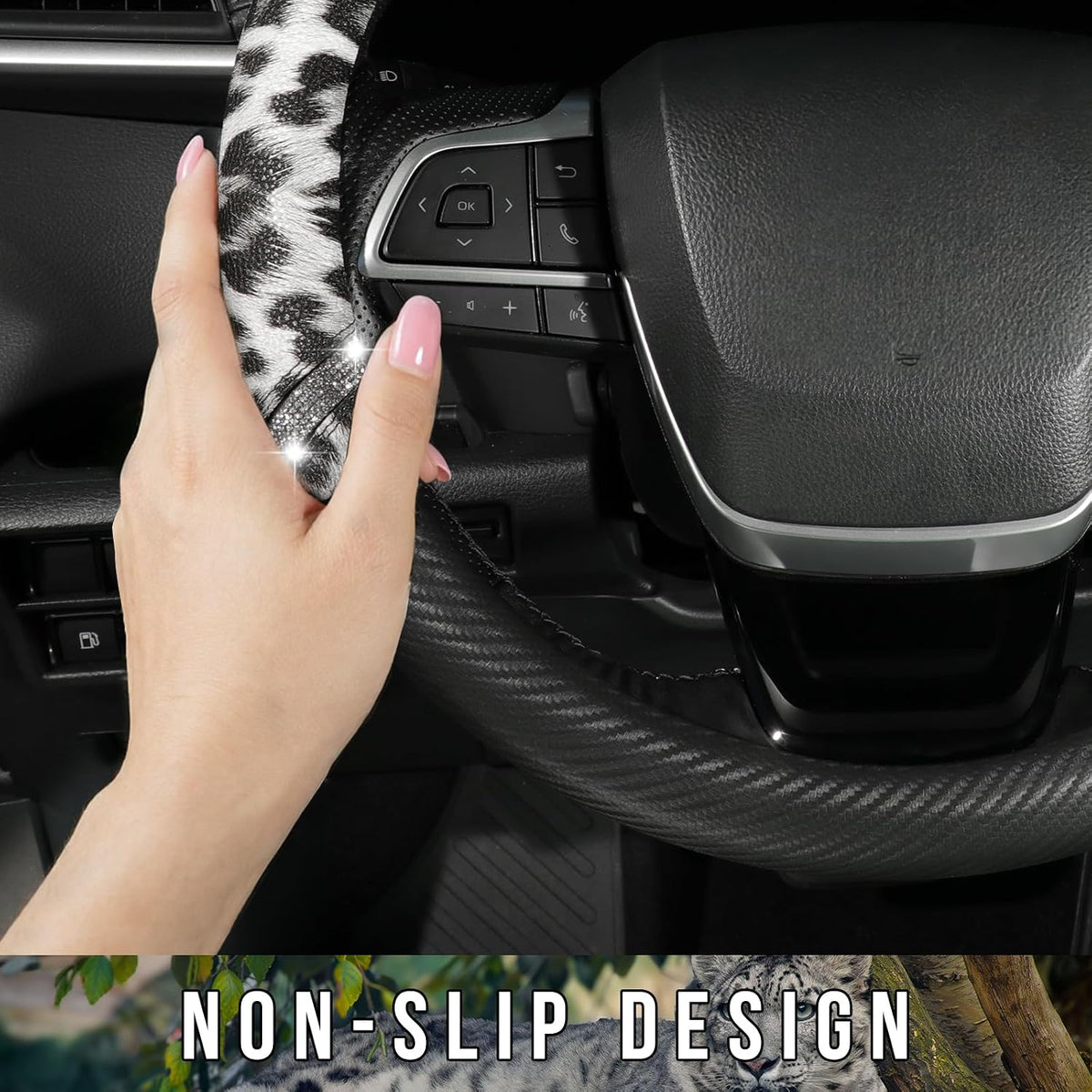 Rhinestones Leopard Leather Car Steering Wheel Cover-Black&White