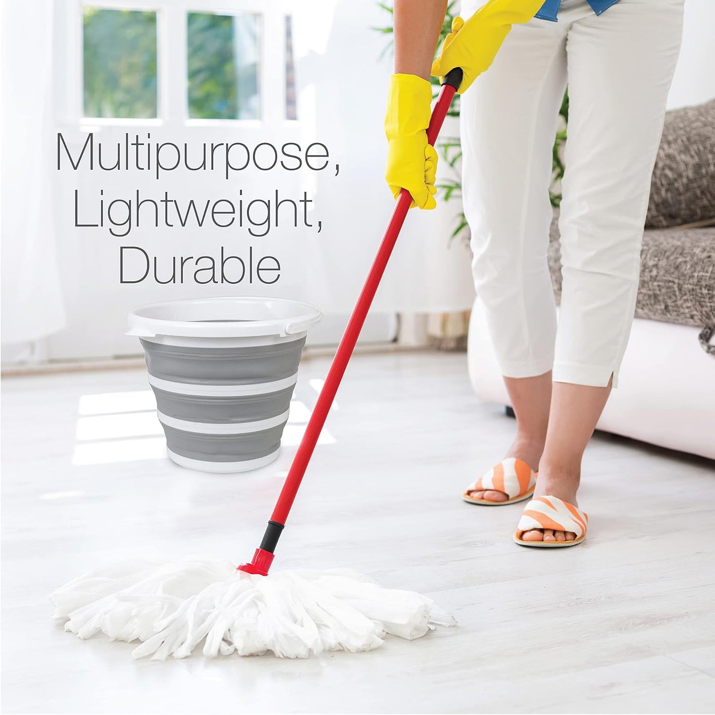 Brookstone Collapsible Bucket, Foldable Cleaning Bucket with Handle, Household Essentials Cleaning Basin and Dust Mop Bucket, Collapsible Wash Basin for Car Cleaning, [2.6 Gal. 10L] Round, White