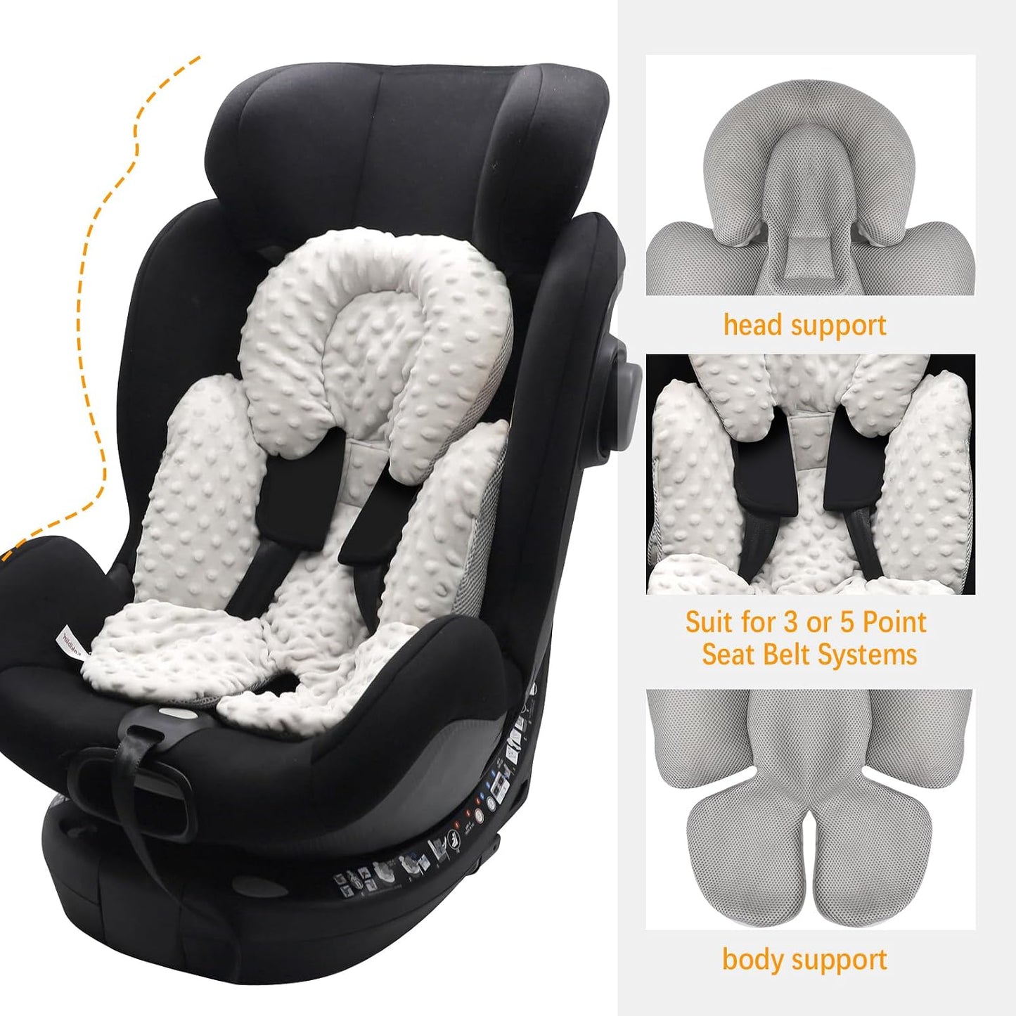 KAKIBLIN Infant Car Seat Insert, Carseat Head Insert & Body Support for Newborn, 2-in-1 Reversible Newborn Car Seat Cushion, Soft Stroller Insert for Car Seats, Bouncer, Strollers, Swing