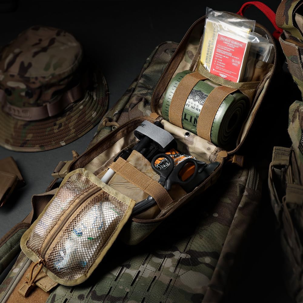 EVERLIT Emergency Trauma Kit, CAT GEN-7 Tourniquet 36" Splint, Military Combat Tactical IFAK for First Aid Response, Critical Wounds, Severe Bleeding Control (Tan)