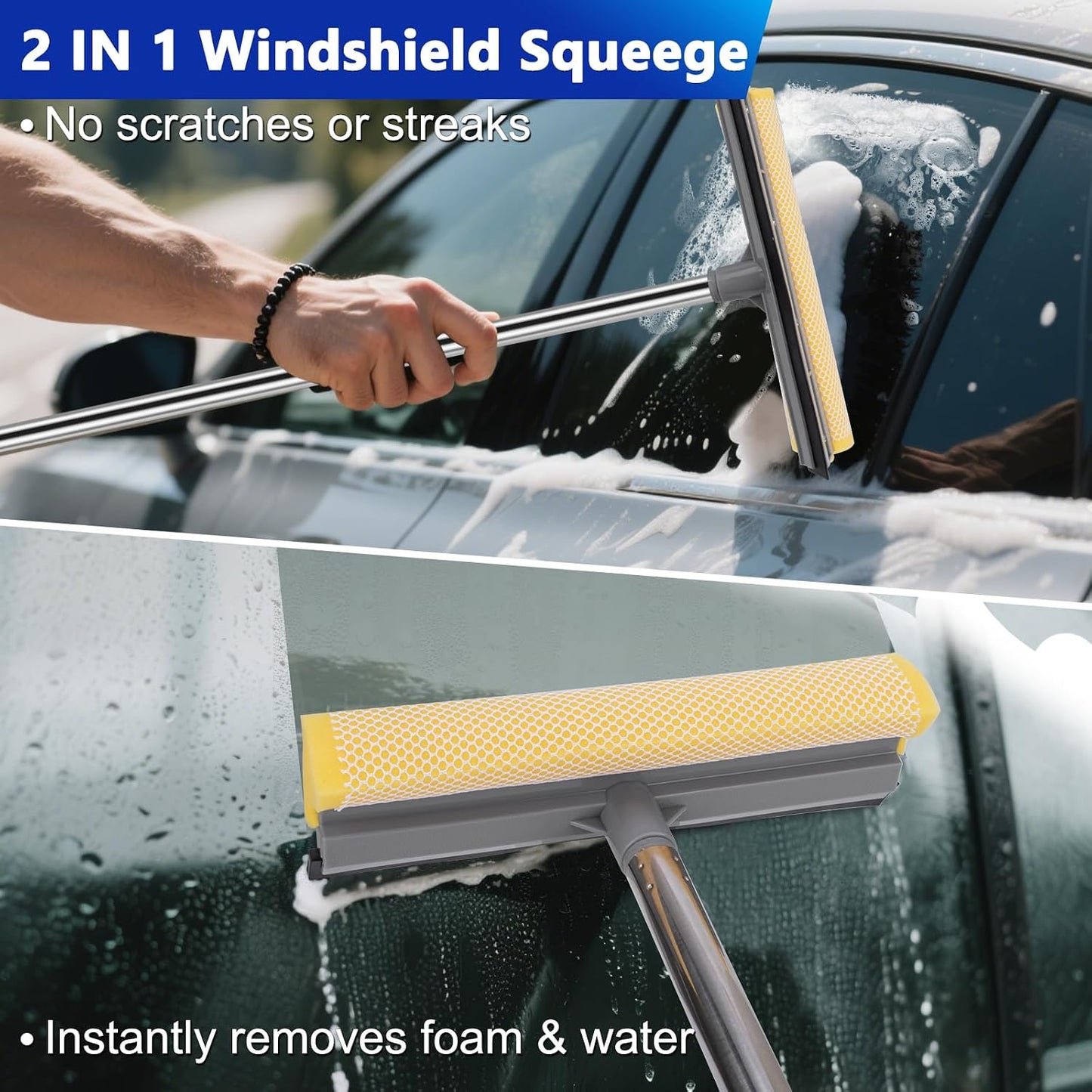 THINKWORK Car Wash Kit, 62'' Car Washing Brush with Long Handle, Extendable Car Wash Brush Mop with 2-in-1 Windshield Squeegee and 9Pcs Detailing Brushes, Gray Car Detailing Kit Gift for Men