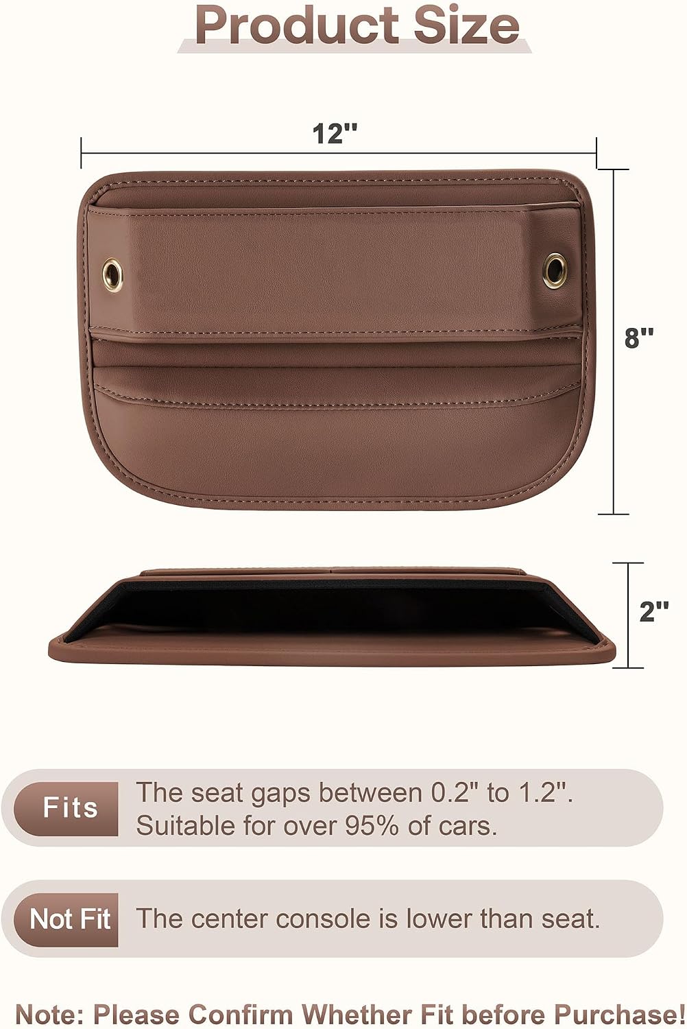 Premium Leather Car Seat Gap Filler Organizer (0.2”-1.2" Gaps), Clever Gifts for Car SUV Truck Owners (Brown, 2 Pack)