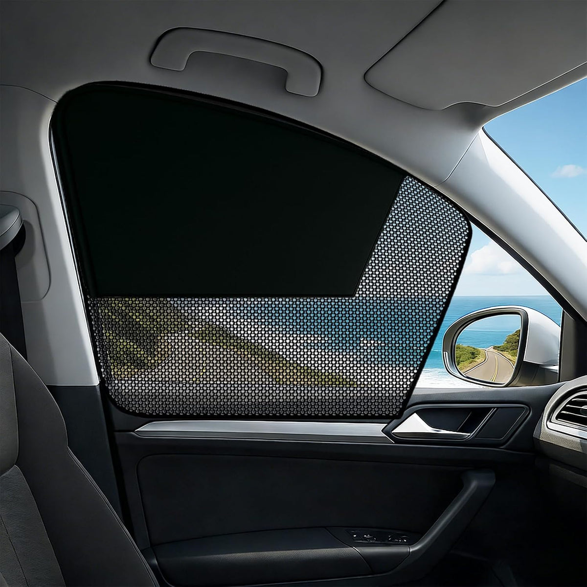 Car Window Shades, 2 Pack Magnetic Half Blackout & Half See-Through Car Sun Shade Side Window, Front Window Cover Block Heat UV Rays Glare for Driver Passenger