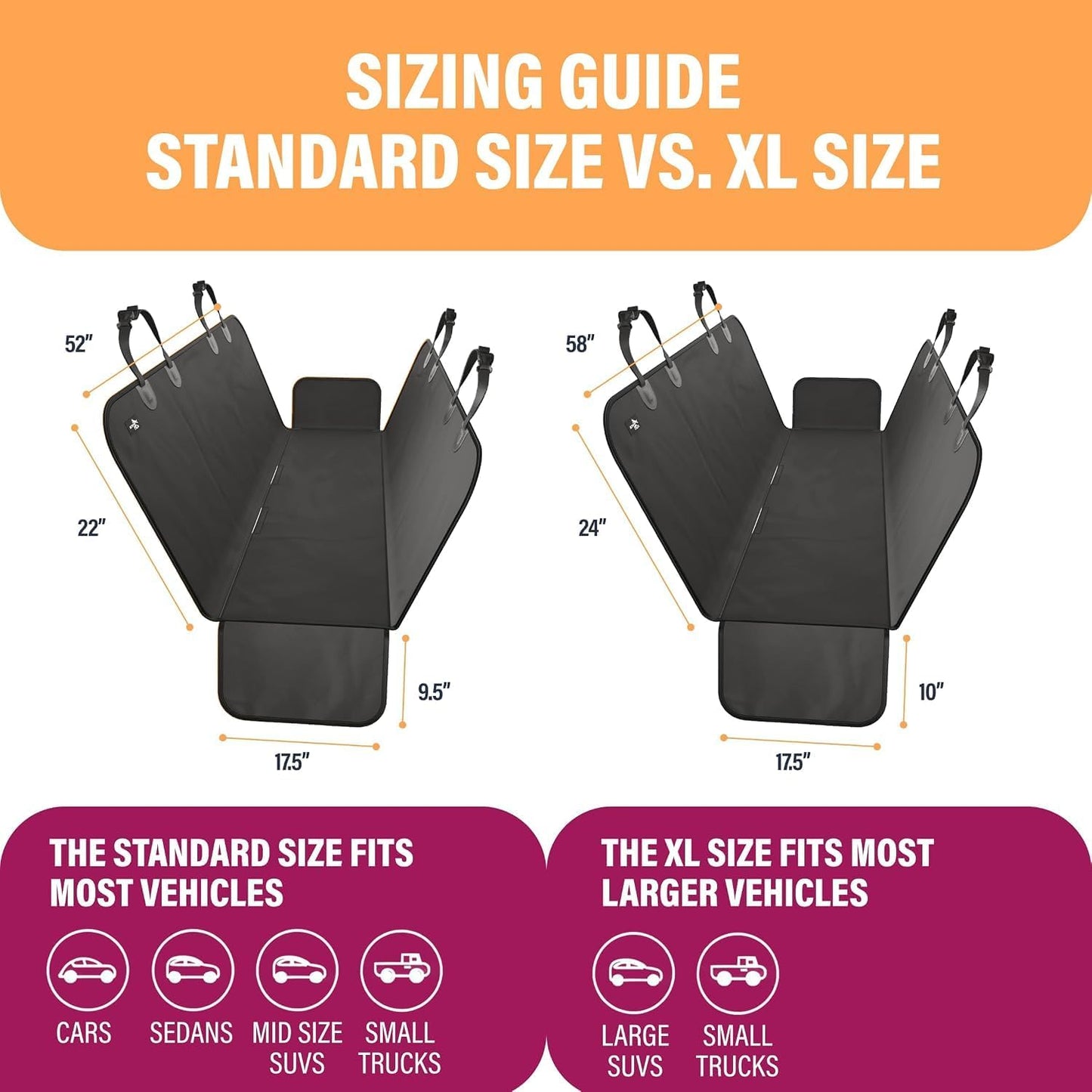 Active Pets Waterproof Hammock Standard Car Seat Cover, Fits Sedans Hatchbacks Crossovers Coupes Compact Vehicles, Secure Convertible Travel Bed Protects Backseat Cargo from Dogs, Black w/Black Trim