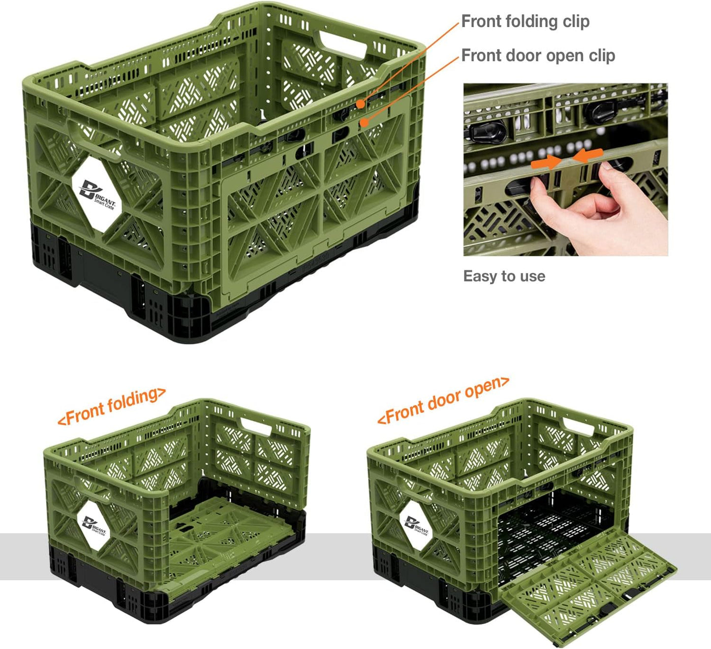 Bigant Heavy Duty Collapsible & Stackable Plastic Milk Crate-Medium Size, Olive, Stackable Open Front Organizer, Set of 1, Snap Lock Foldable Industrial Garage Storage Bin Container Utility Basket