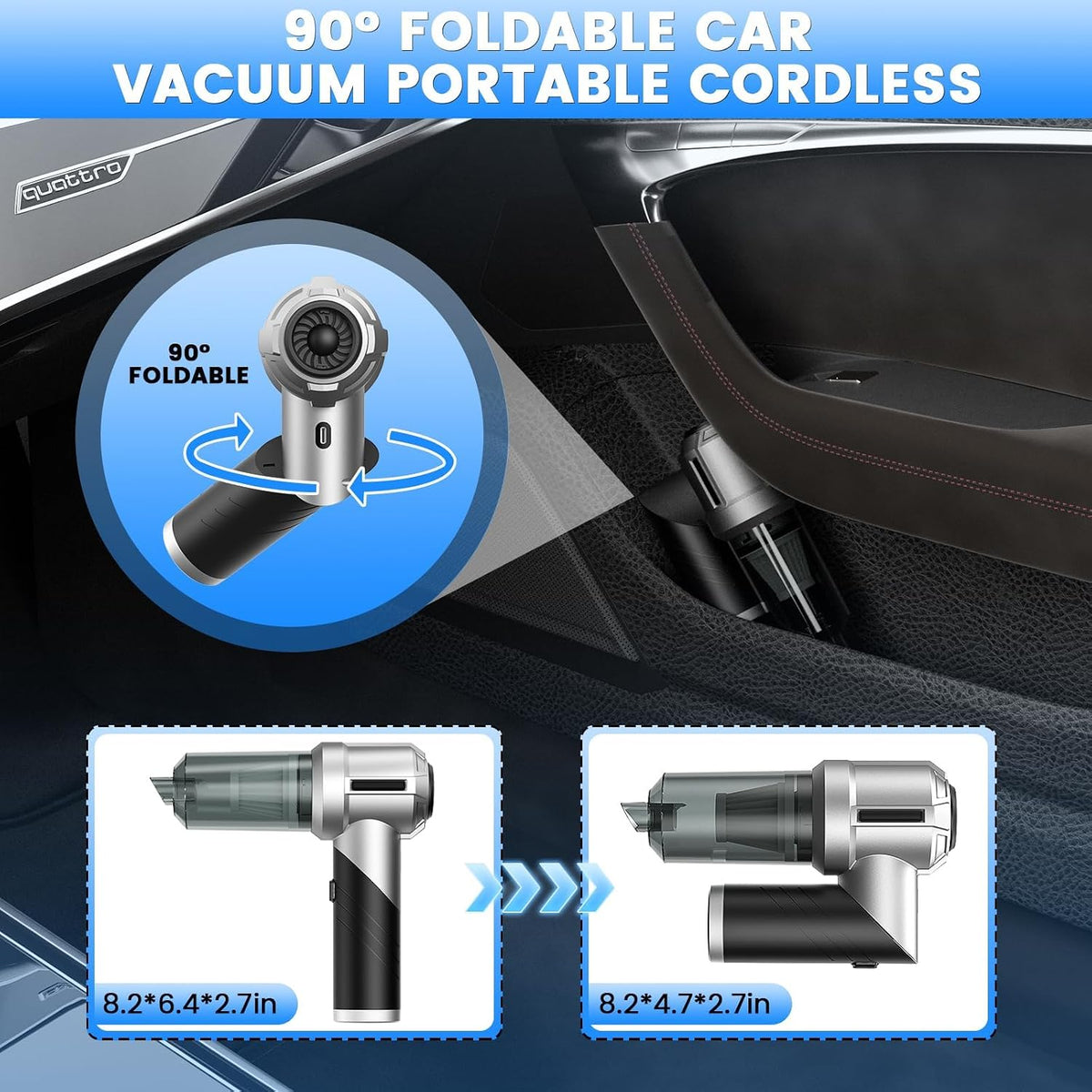 Handheld Car Vacuum Portable Cordless with 18000PA Super Suction, 4 in 1 Portable Air Blower/Car Vacuum 90°Foldable Rechargeable Brushless Motor, Gifts for Men for Home, PC