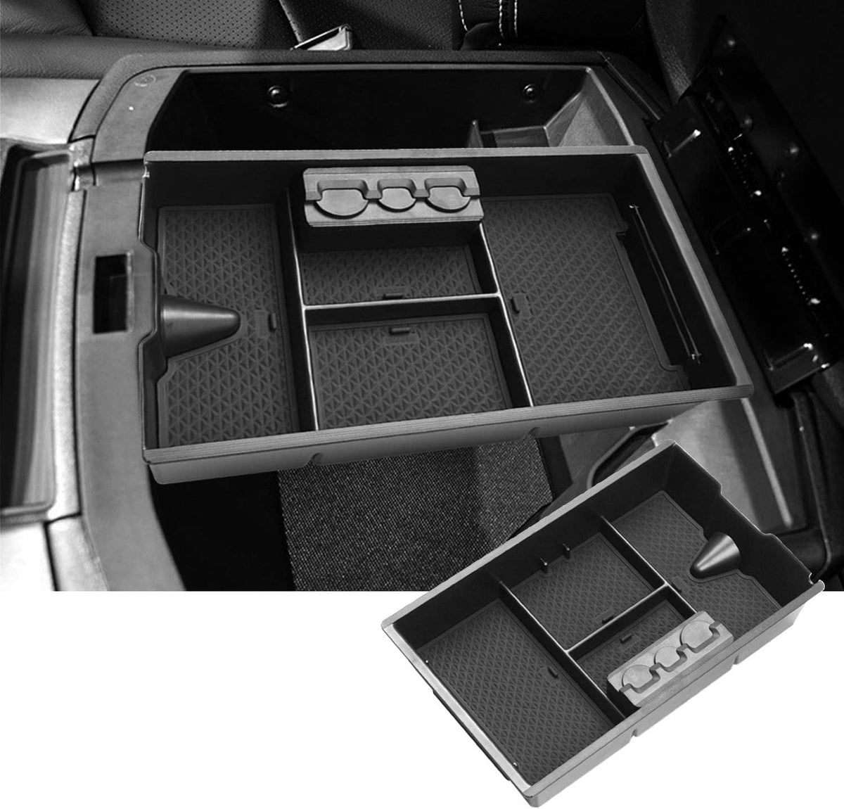 SKTU Center Console Organizer Customized for 2009-2020 Dodge Ram 1500 2500HD 3500HD Insert ABS Black Materials Tray Armrest Box Glove Secondary Storage Box with Coin and Glass Holder