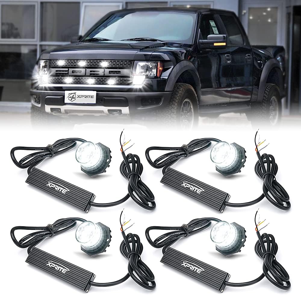 Xprite White LED Hideaway Strobe Lights Kit with 14 Flash Patterns, Surface Mount Headlight Taillight Grill Flashing Light for Construction Towing Snow Plow Pickup Work Trucks Cars - 4PCS
