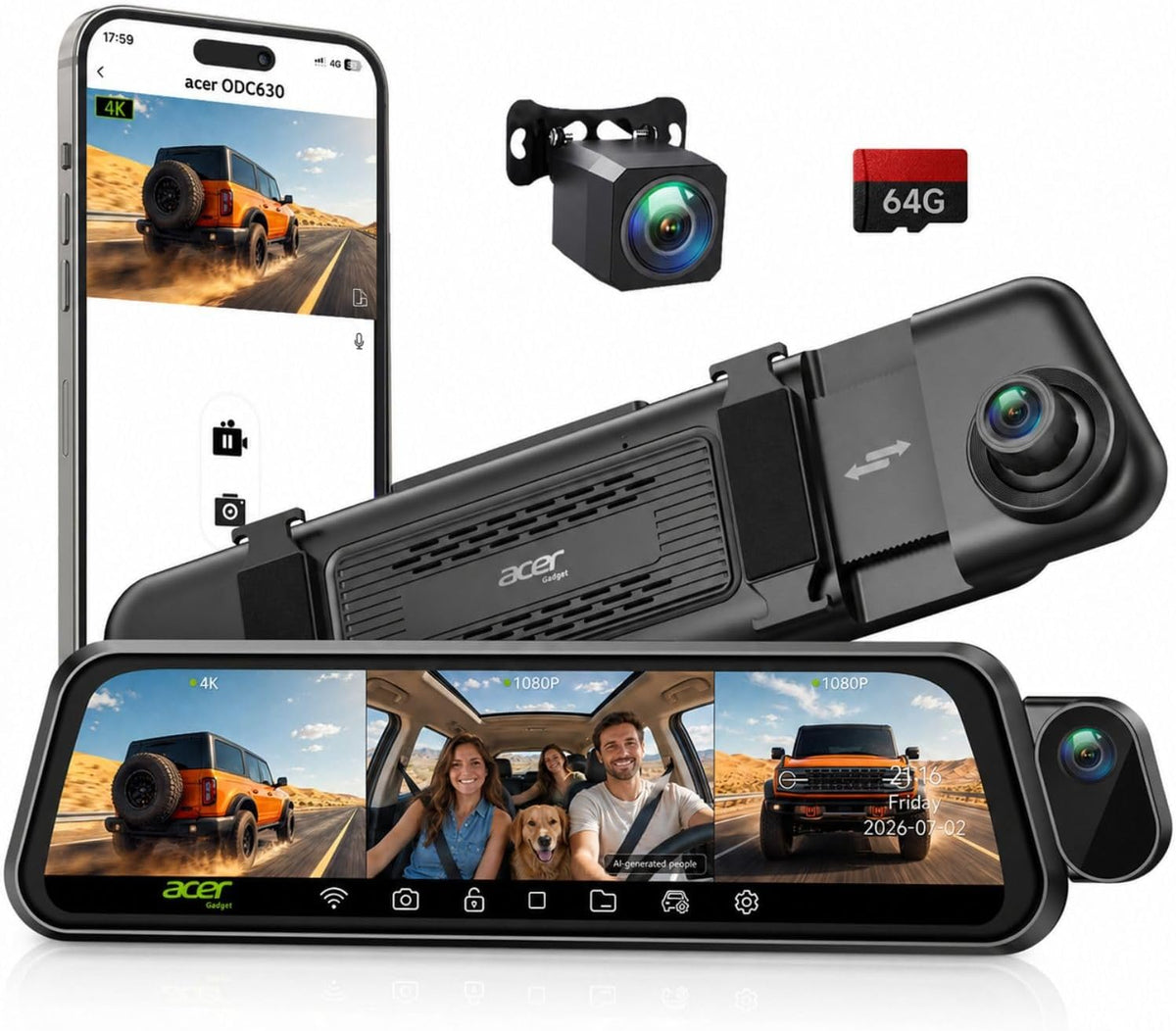 Acer Gadget 3 Channel 4K Rear View Mirror Camera, Mirror Dash Cam for Cars