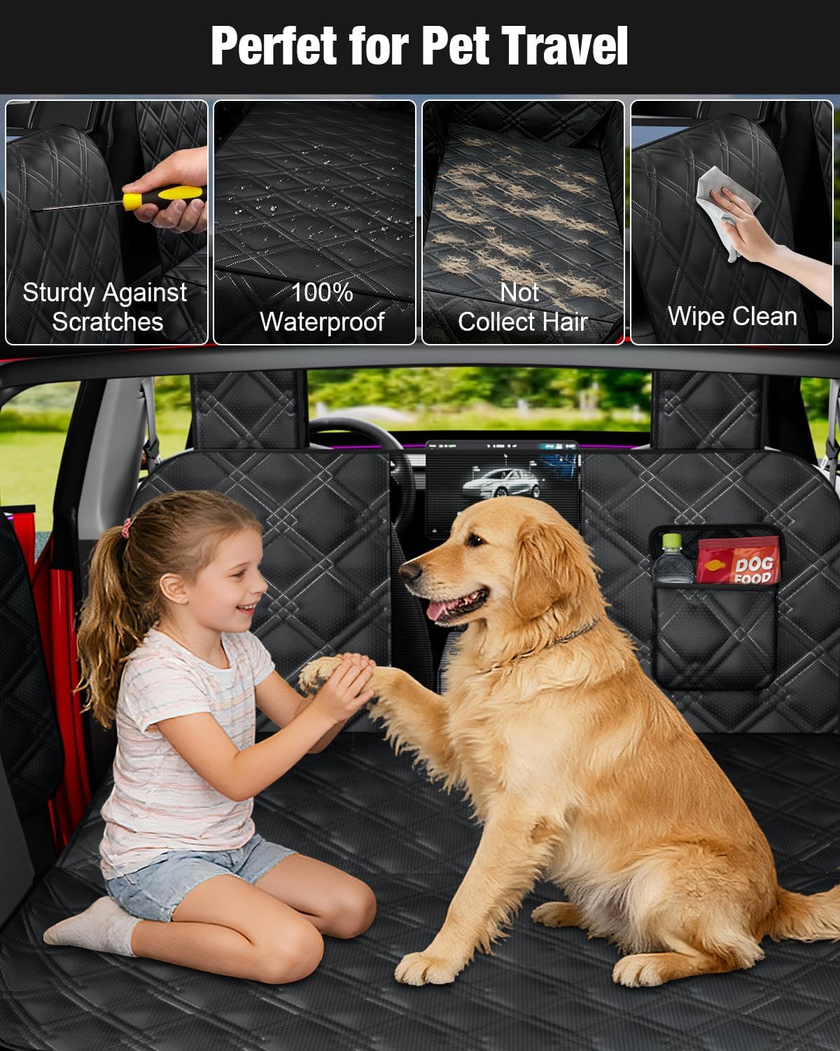 Dog Car Seat Cover for Back Seat Compatible with 2020-2026 Tesla Model Y — Hard Bottom Pet Travel Hammock with Seat Extender, Waterproof Backseat Dog Cover with Door &amp; Headrest Protectors