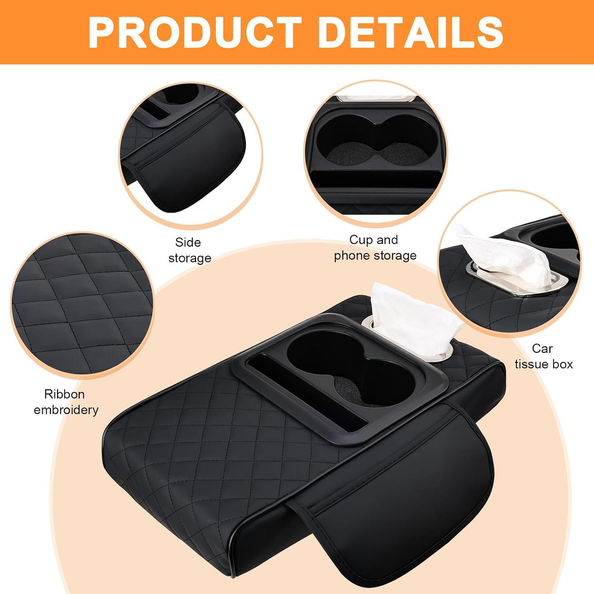 Car Armrest Cushion,Multifunctional Leather Console Cover with Cup Holders,Center Console Armrest with Tissue Box Slot & Phone Storage,Car Interior Accessories,Black