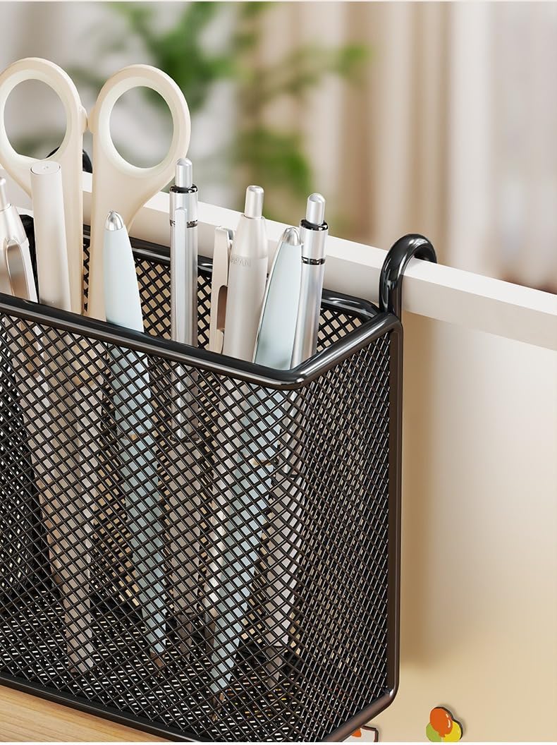 Hanging Pen Holder with Hook Storage Box - Wall-Mountable Desk Organizer for Office Desktop, Partition Screen, Workstation & Bedroom Side Storage (black)
