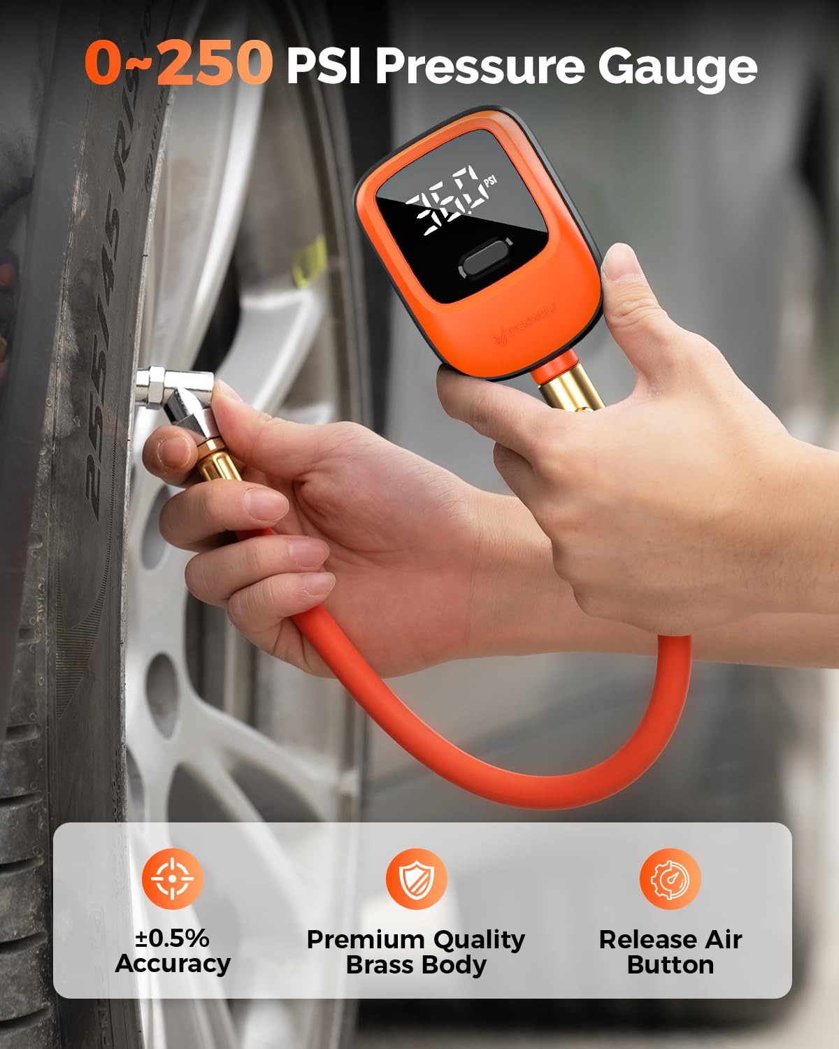 ETENWOLF T600 Digital Tire Pressure Gauge 250 PSI with Rubber Hose, Orange