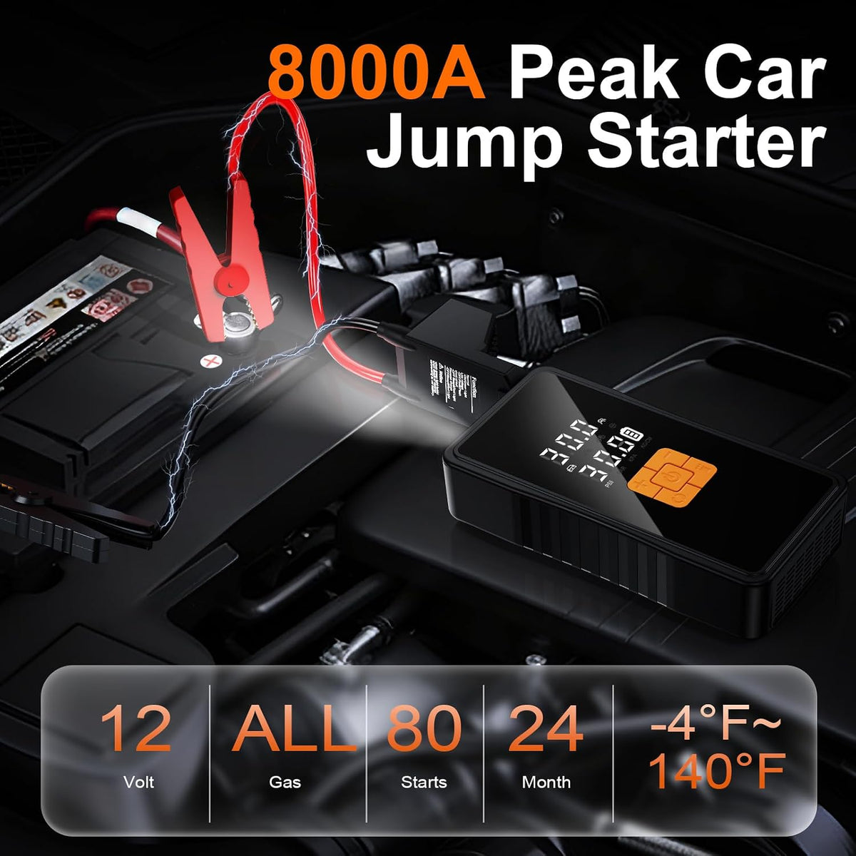 Preciva 8000mAh Jump Starter - 8000A Peak Car Battery Charger with Smart Air Compressor (150PSI), Tire Repair Kit, Power Bank, Digital Gauge & LED Emergency Light for Car, Truck, Motorcycle
