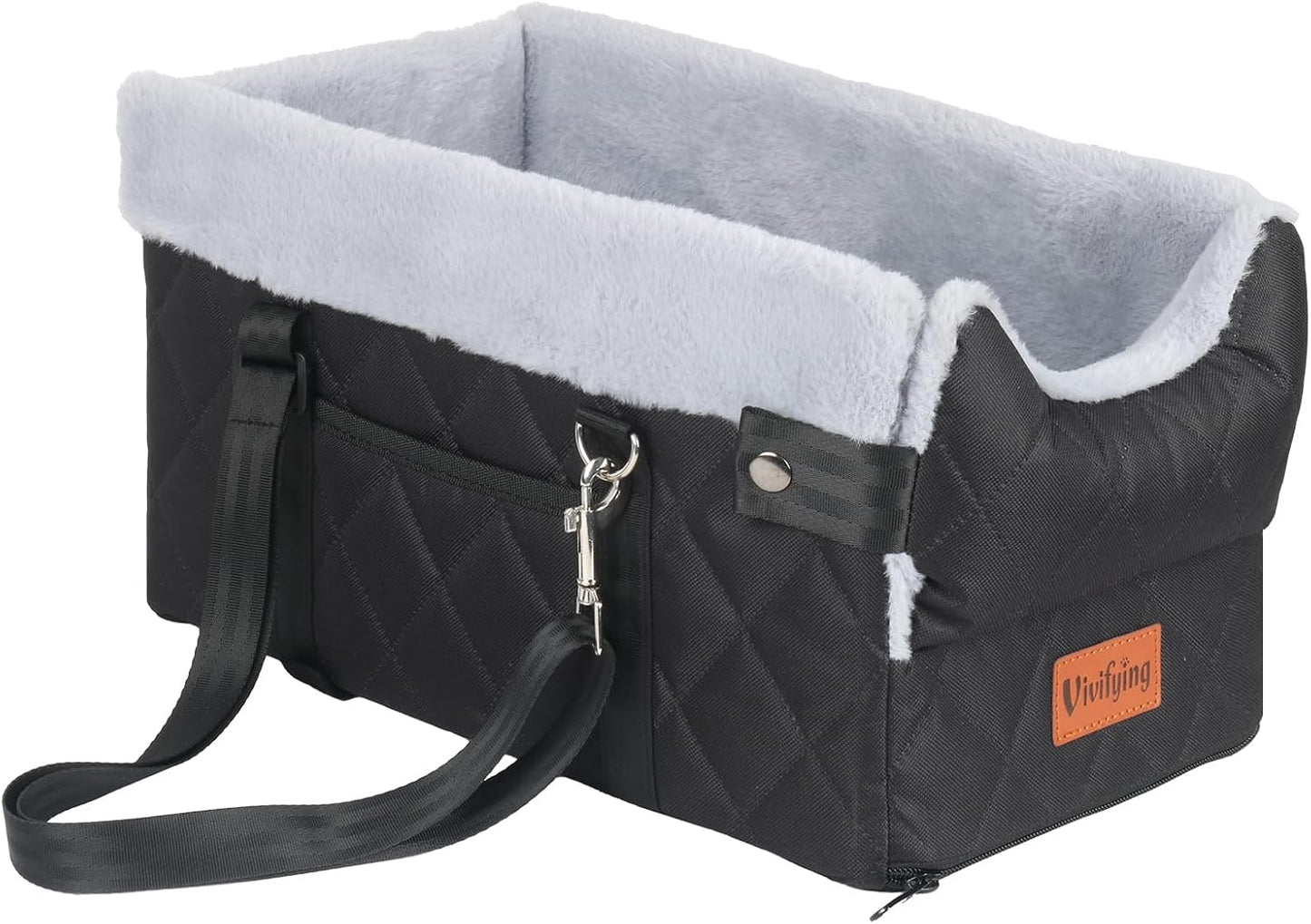 Vivifying Center Console Dog Car Seat for Small Dogs Up to 10 lbs, Plush Pet Booster Seat with Safety Leash, Adjustable Straps, Storage Pocket, Portable Car Seat for Puppies, Black & Grey