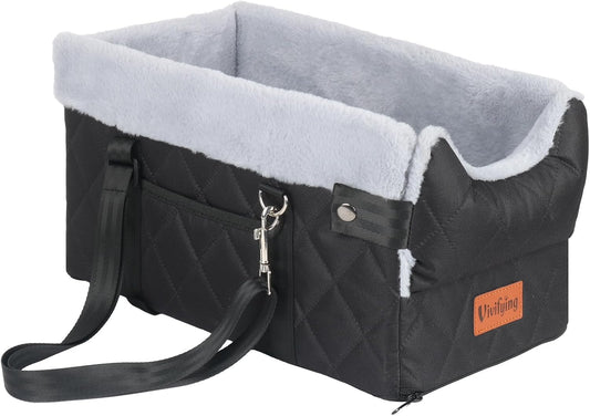 Vivifying Center Console Dog Car Seat for Small Dogs Up to 10 lbs, Plush Pet Booster Seat with Safety Leash, Adjustable Straps, Storage Pocket, Portable Car Seat for Puppies, Black & Grey