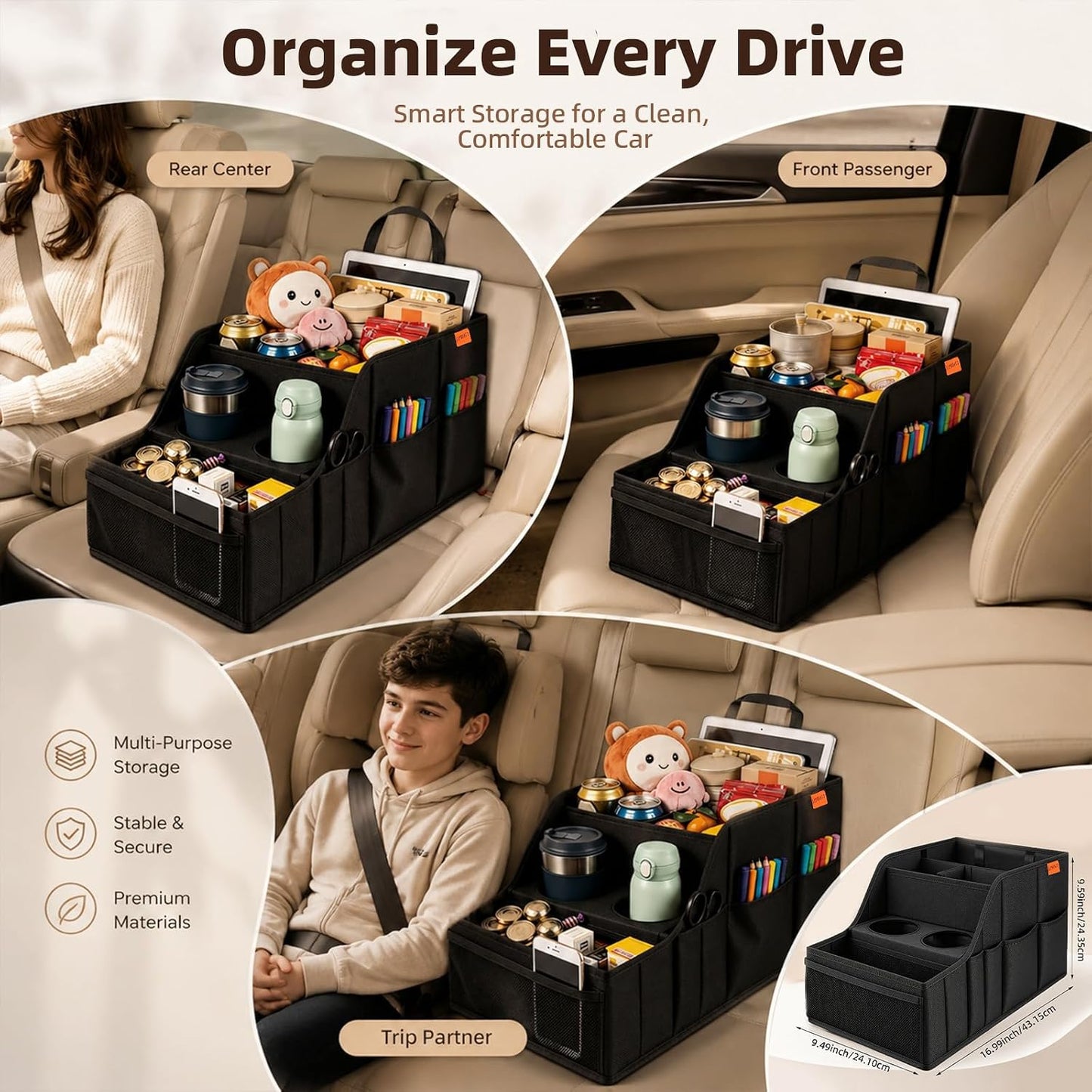 Car Seat Organizer Back Front Captains Seats Storage Travel | Car Organizer, Back Seat Car Organizer, Car Seat Organizer Front Seat – 9 Compartments, 2 Cup Holders – Foldable, Black.