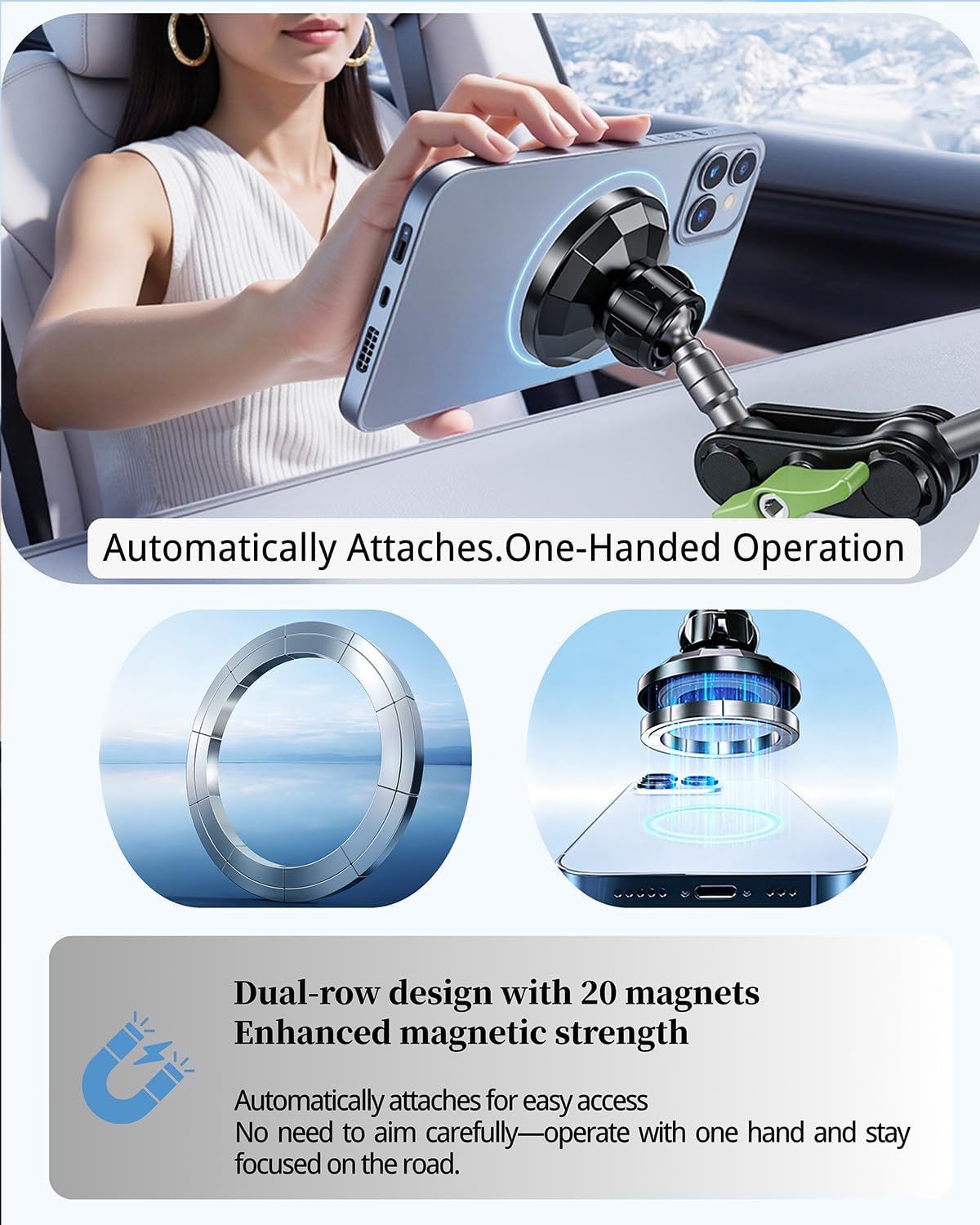 Magnetic Car Phone Holder, Ultra Stable Windshield Phone Mount, Strong Suction Cup & Powerful Magnetic, 360° Rotatable, Durable Premium Aluminum Alloy, for All Vehicles & All Smartphones