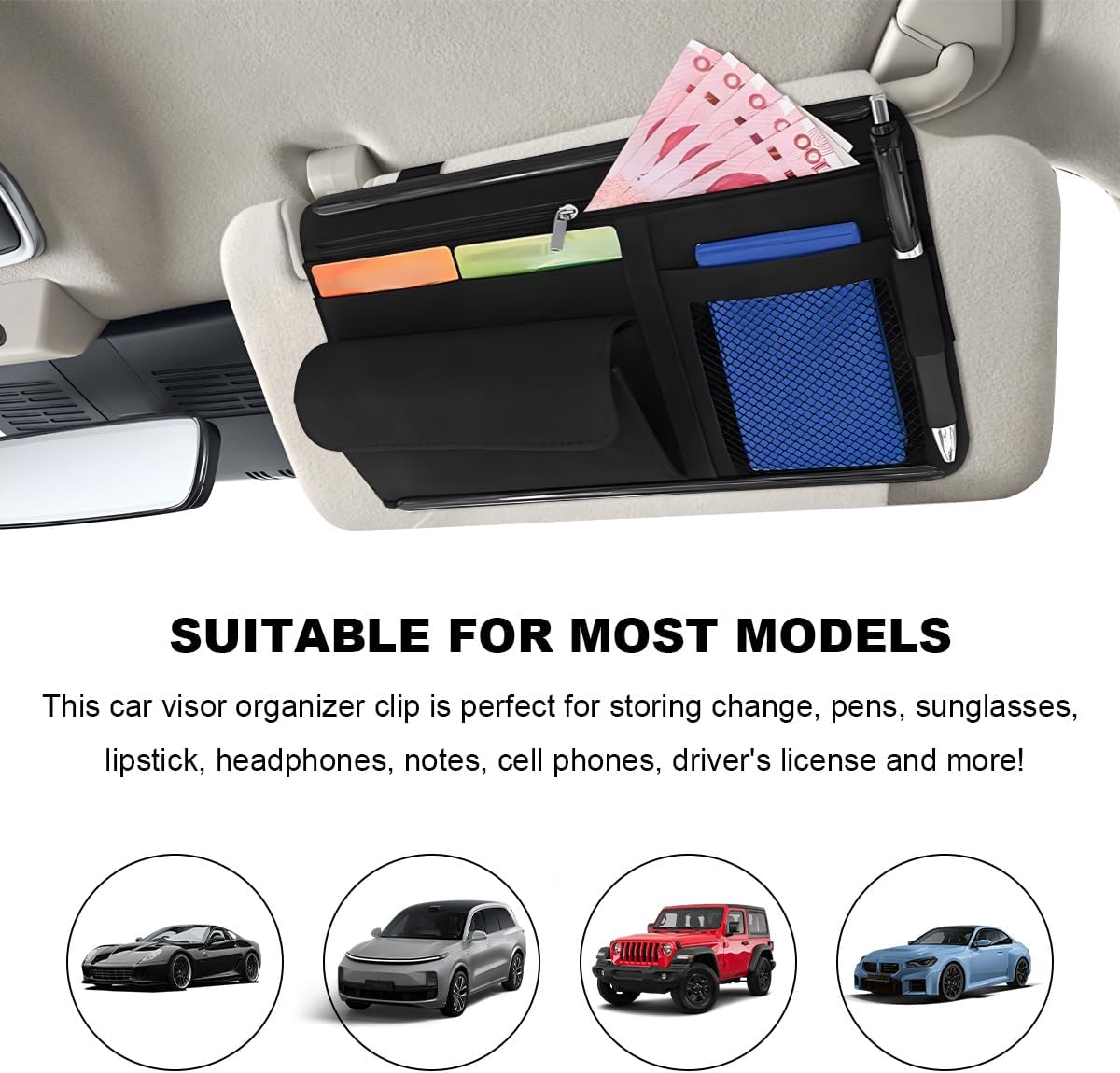 Car Sun Visor Organizer, Leather Sun Visor Pocket Organizer Case with Multi-Pocket Net Zipper, Suede Note Holder Car Visor Storage Pouch for Card Pen Sunglasses Document (Black)