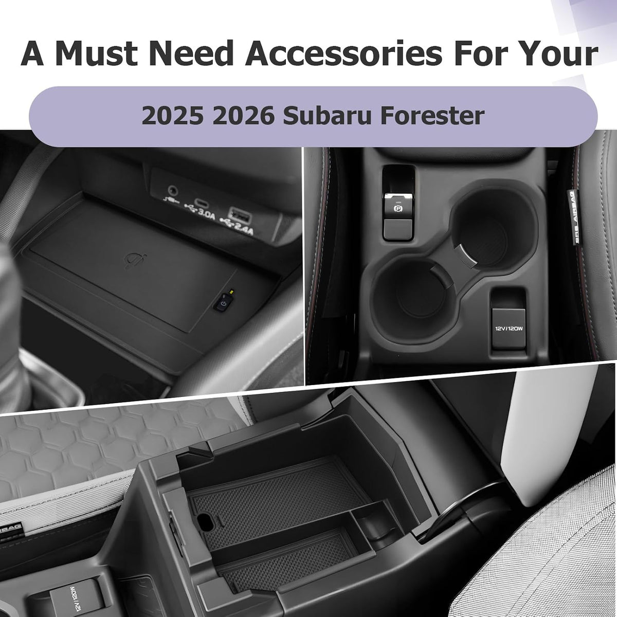 LUWU for 2025 Subaru Forester Accessories for 2025 Forester Wireless Charging Mat - Center Console Cup Holder - Armrest Console Storage Box 3-Pack (Not for 2026 Touring/Wilderness/Premium)
