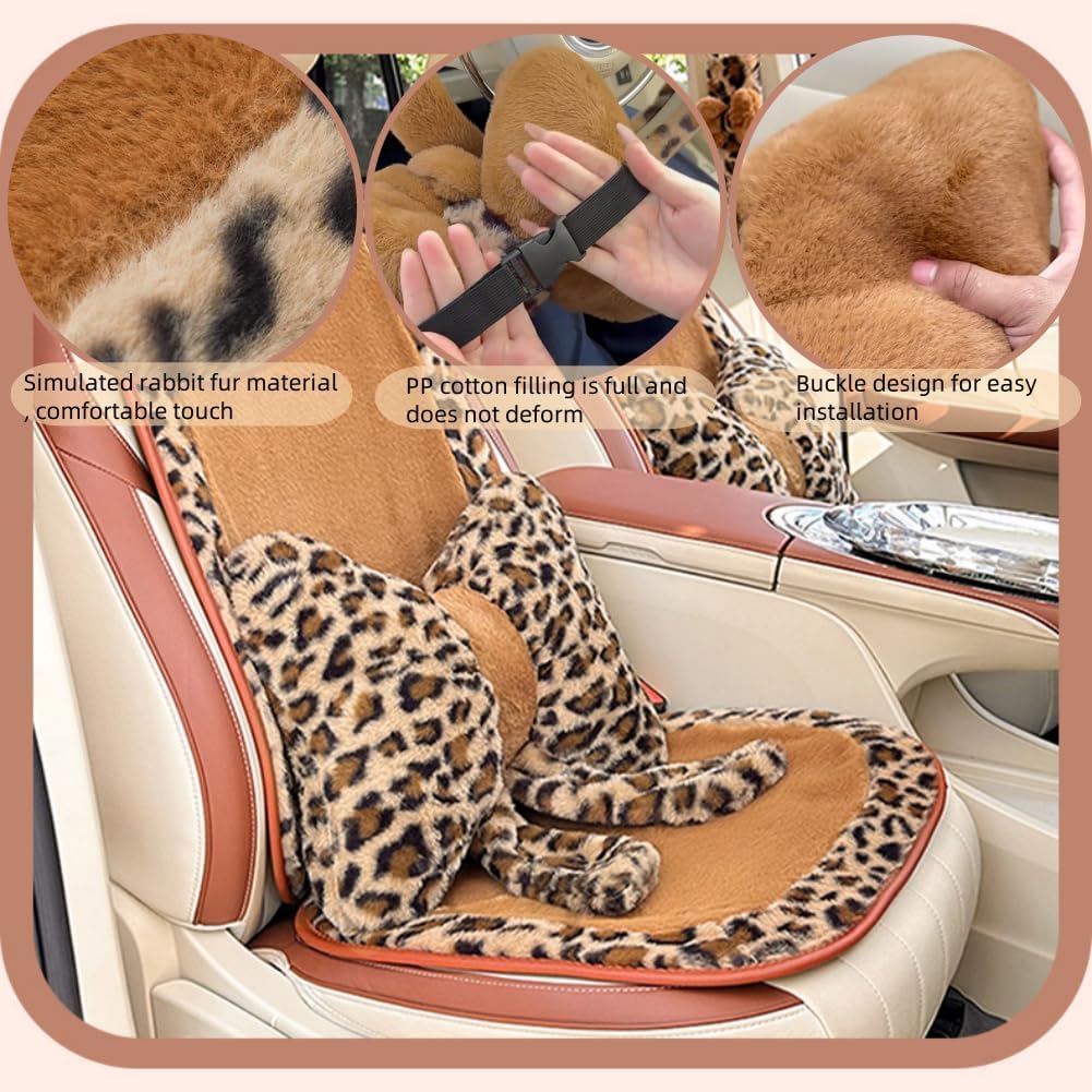 LYFJMUS 4 Pack Plush Leopard Print Car Headrest Pillow and Lumbar Support Pillow Soft Bow Car Neck Pillows for Driving Cars Home Decor (Brown Leopard)