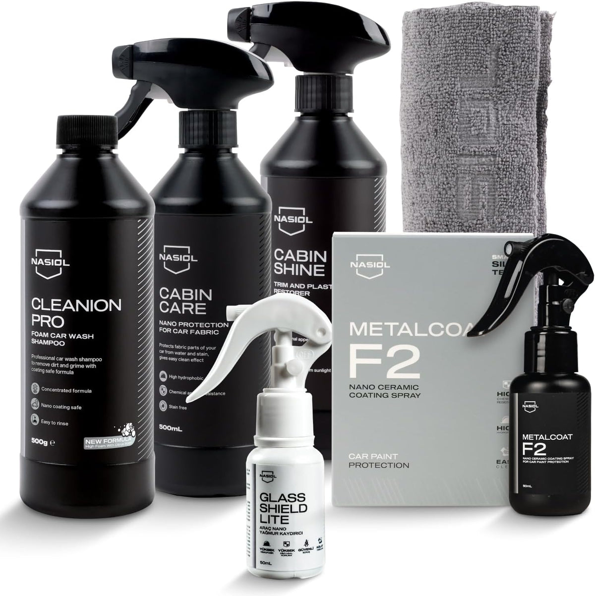 Nasiol Car Nano Protection and Cleaning Package Standard-Advantage Set-(Rain Repellent, Ceramic Coating, Plastic Surface Protection, Fabric Surface Protection, Car Shampoo, Microfiber Cloth)