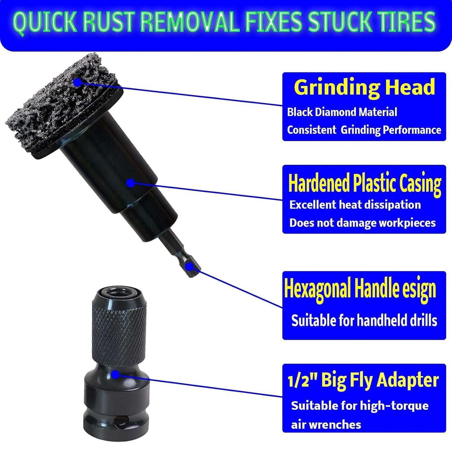 Wheel Hub Cleaning Tool, Wheel Stud Cleaner Includes 6 Grinding, Quick Rust Removal Brake Hub Cleaning Tool, Hub Resurfacing Tool Fits Power Drill or 1/2" Impact Driven Wrenches