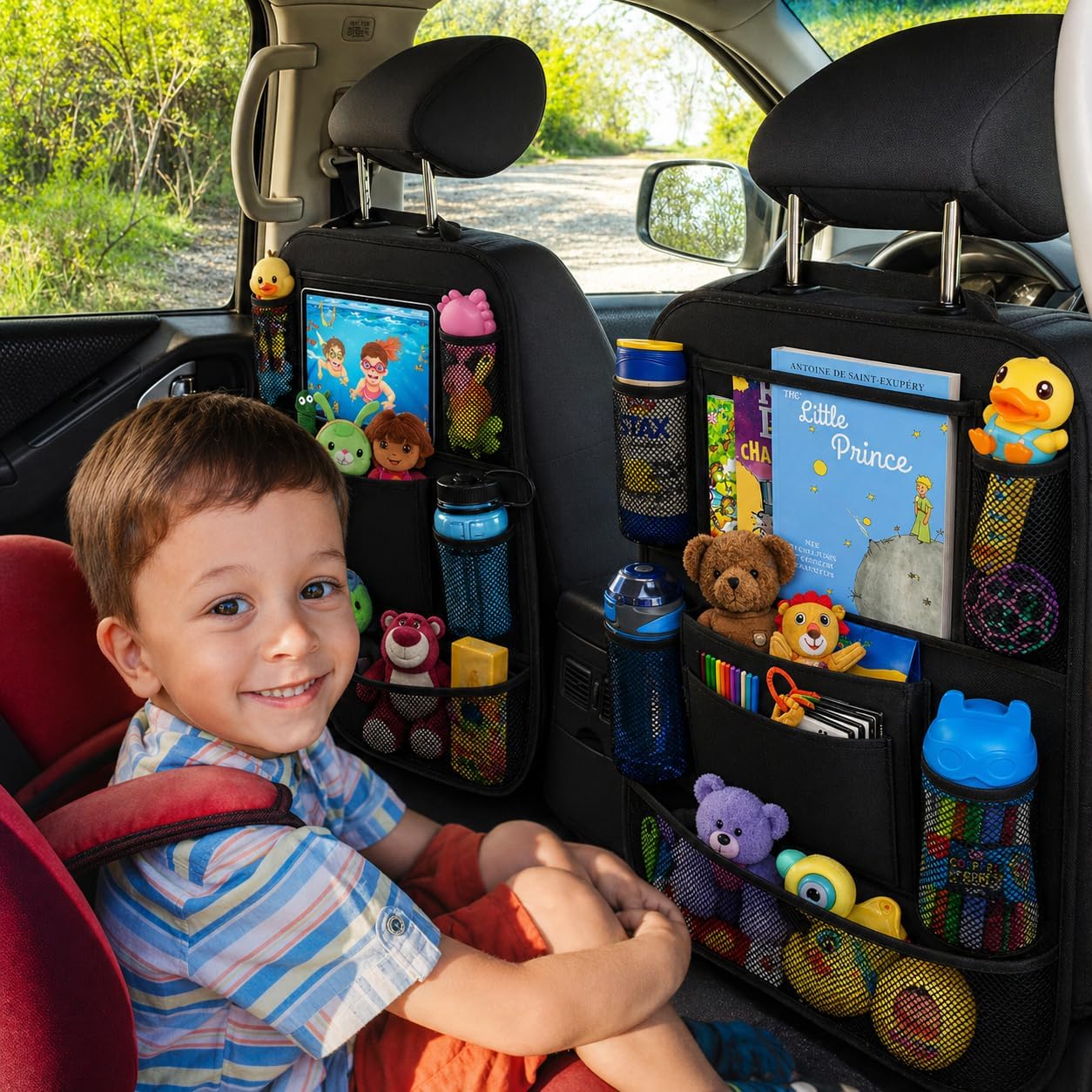ULEEKA Car Backseat Organizer with 10" Table Holder, 9 Storage Pockets Seat Back Protectors Kick Mats for Kids Toddlers, Travel Accessories, 2 Pack
