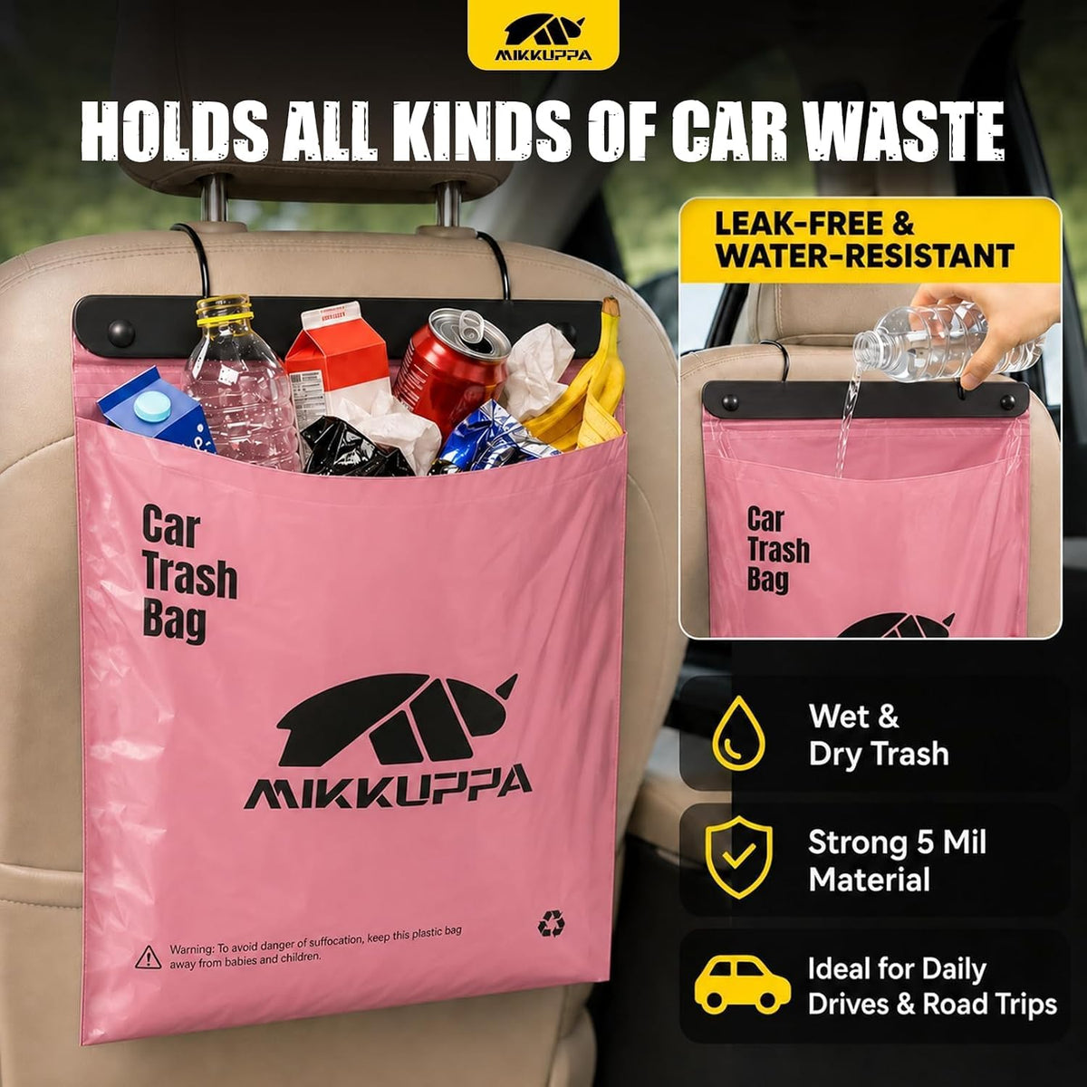 MIKKUPPA Pink Disposable Car Trash Bags 50 Count