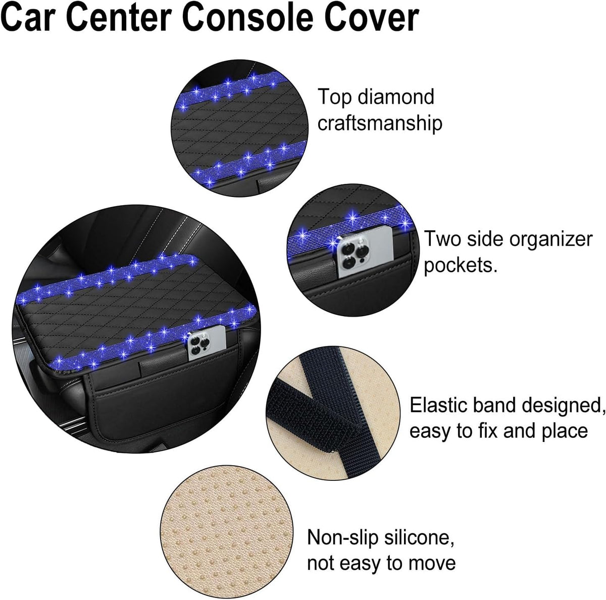 NBTEPEM Bling Car Center Console Cover, Leather Car Arm Rest Cover Cushion with 2 Storage Bags, Middle Console Cover Universal Armrest Protector Pads, Bling Accessories for Most Vehicles (Blue)