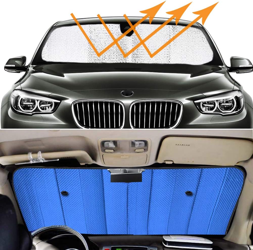 Big Ant Windshield Sun Shade Car Window Sunshade with Side Window Shades as Bonus, Blue Foldable UV Ray Visor Protector Shield Cover Keeps Vehicle Cool (Size 55" x 27.5")