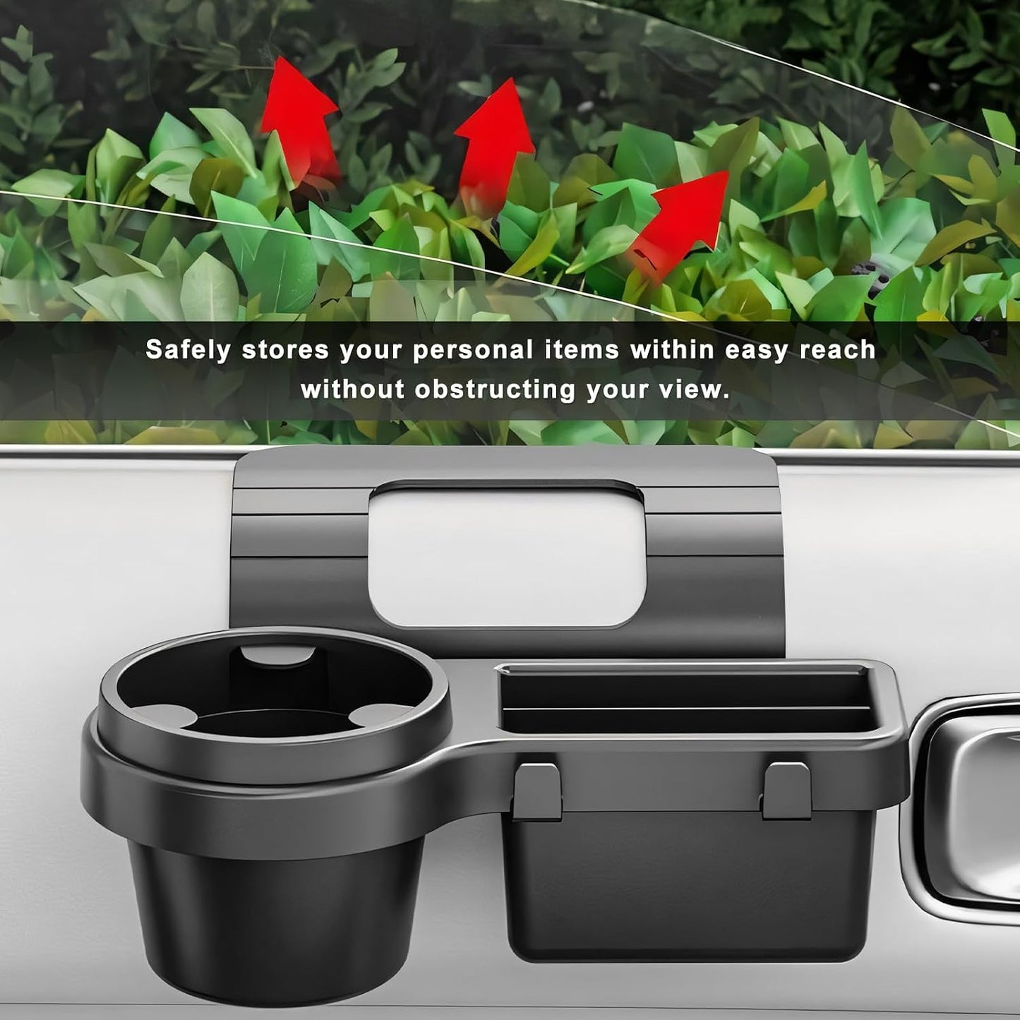 Car Window Multifunctional Storage Organizer, Auto Door Side Hanging Organizer w/Cup Holder & Hooks, Vehicle Window Mount Storage Rack w/Foam Pads for Cell Phone Key Bottle