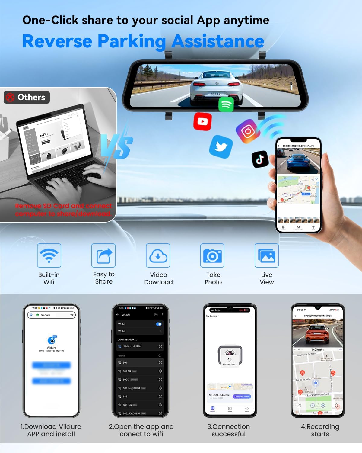 4K Rear View Mirror Camera, Dash Cam with 64GB Card WiFi