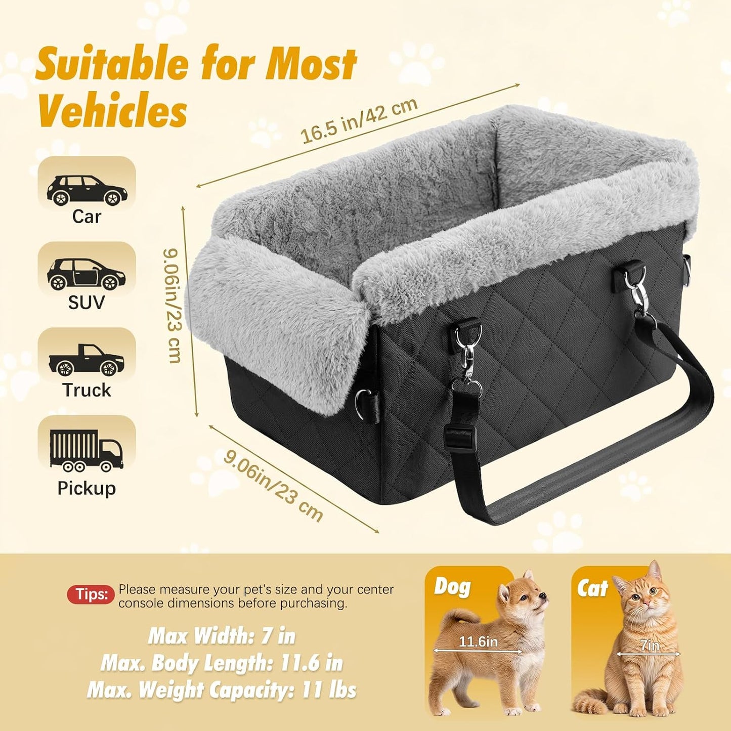 Center Console Dog Car Seat,Dog Car Seats for Small Dogs with Non-Slip and Strong Support,Anti-Collapse Portable Pet Bed for Puppies with Soft Cushion Safety Belt, Small Dogs, Cats Under 12 LBS, Black