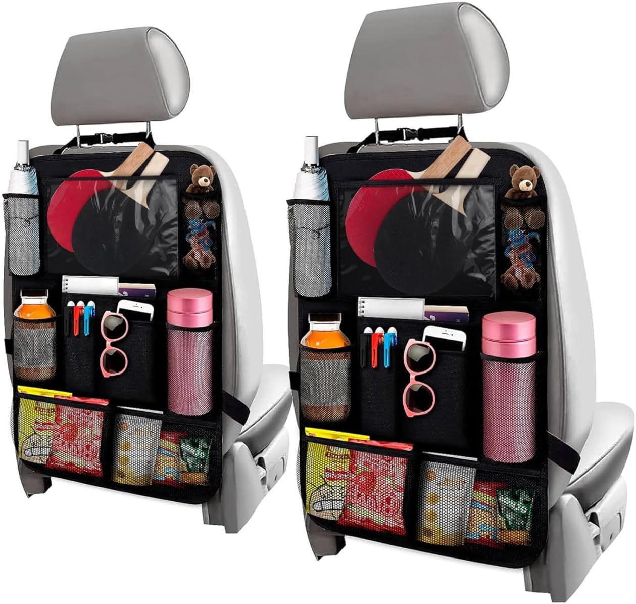 2 Pcs Backseat Car Organizer - Travel-Ready 23.4x16" Back Seat Car Organizer with 9 Large Pockets and Clear Tablet Holder, Made from Polyester with Adjustable Straps - Easy to Attach and Clean