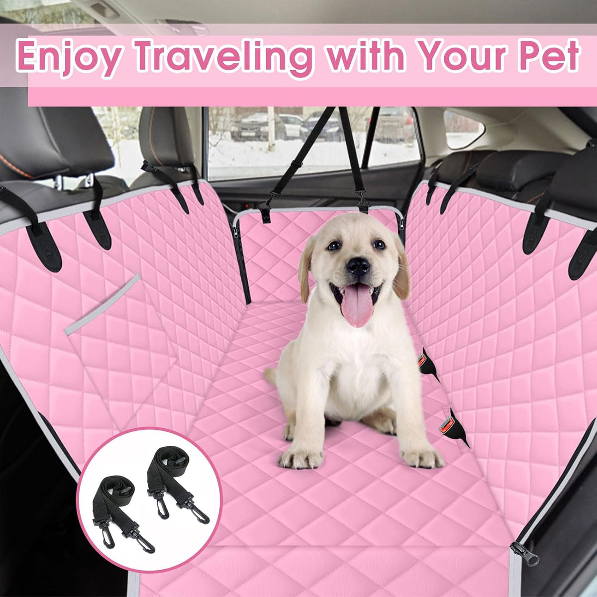 Waterproof Dog Car Seat Cover for Back Seat, Pet Hammock- L, Pink/Grey | Durable waterproof hammock with nonslip design & storage pockets. Protects seats from scratches, fits cars, SUVs & trucks.