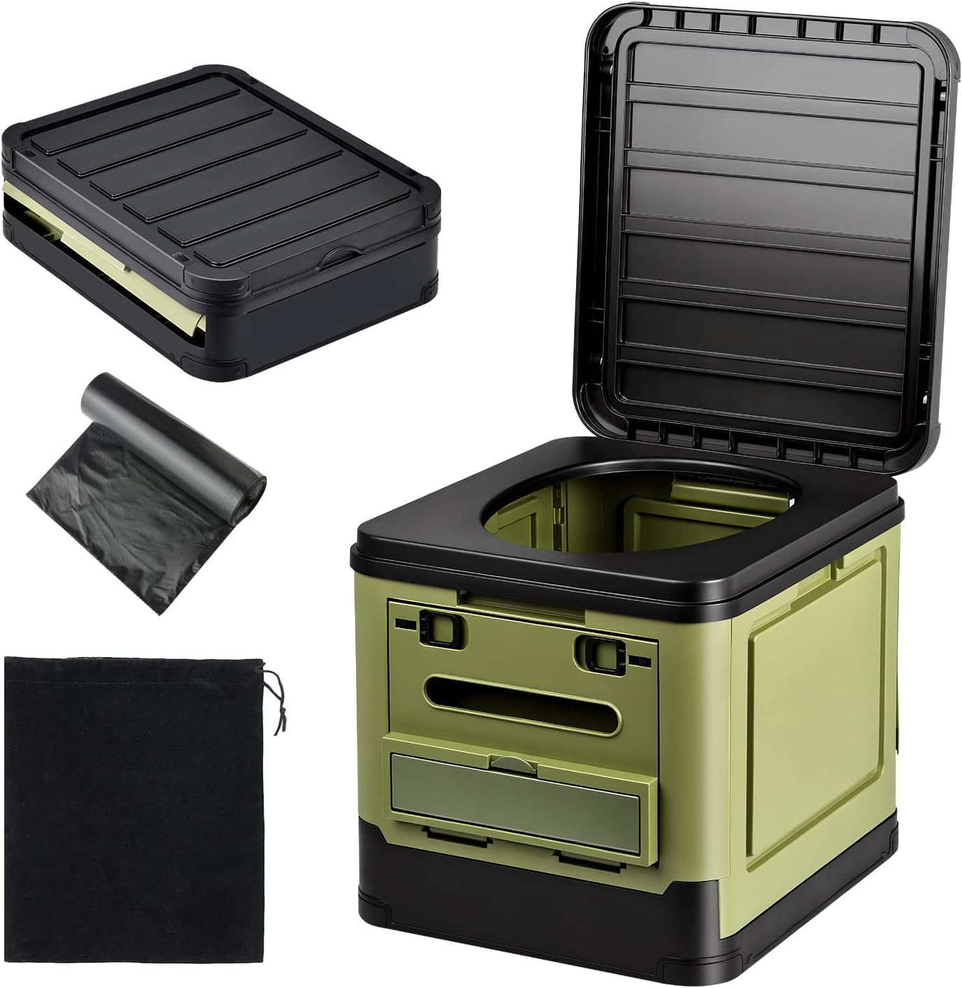 Collapsible Portable Toilet for Camping,Portable Travel Folding Toilet with Lid and Paper Holder,Compact Travel Potty for Cars, Trucks, RVs, Hiking and Outdoor Use (Green)