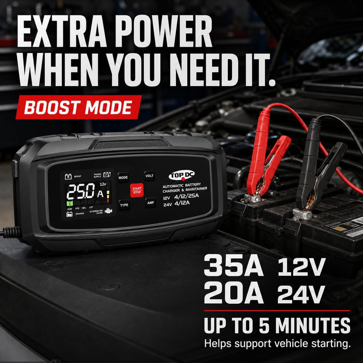 TOPDC 25A 12V/24V Smart Battery Charger & Maintainer for Lead-Acid/LFP