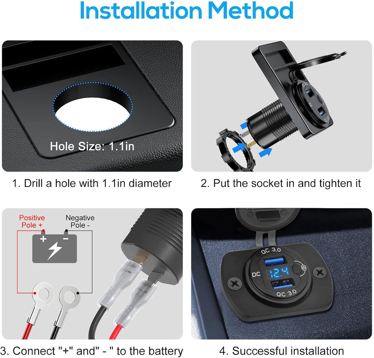 Linkstyle 2PCS 12V USB Outlet, Dual 18W QC3.0 USB A Ports Car Charger Socket with Botton Switch & Blue LED Voltmeter for 12V/24V RV Boat Truck
