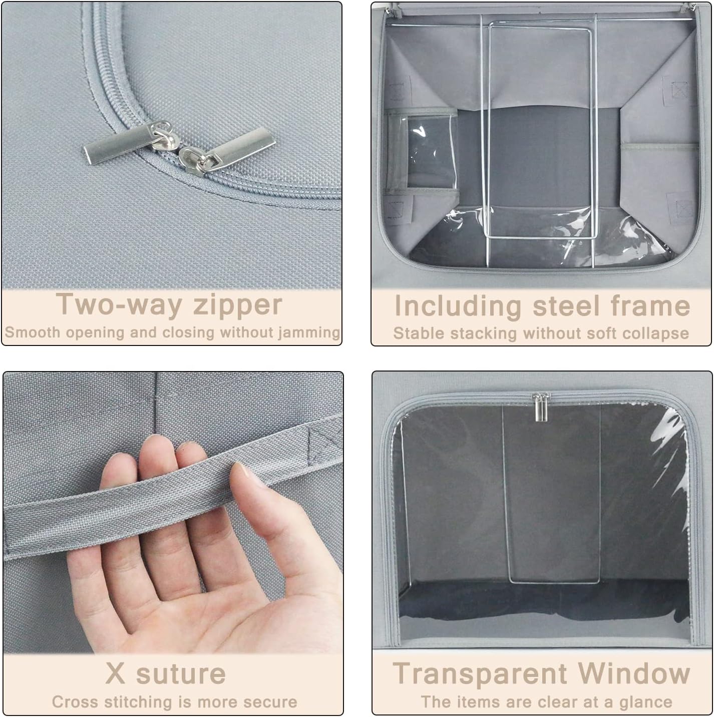Clothes Storage Box Bins Stackable Foldable Organizer,Sturdy Handles with Metal Frame for Clothing Bedding Shelves,Closet Container with Clear Window Zipper and Label Holder (Gray, 66L x3 Pack)