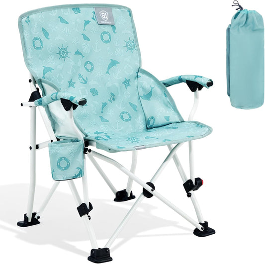 EVER ADVANCED Kids Camping Chairs with Cup Holder, Padded Folding Camping Chair Outdoor with Safety Lock, Carry Bag, Lightweight Portable Camp Chairs for Beach, Balcony, Patio, Supports 150lbs, Green