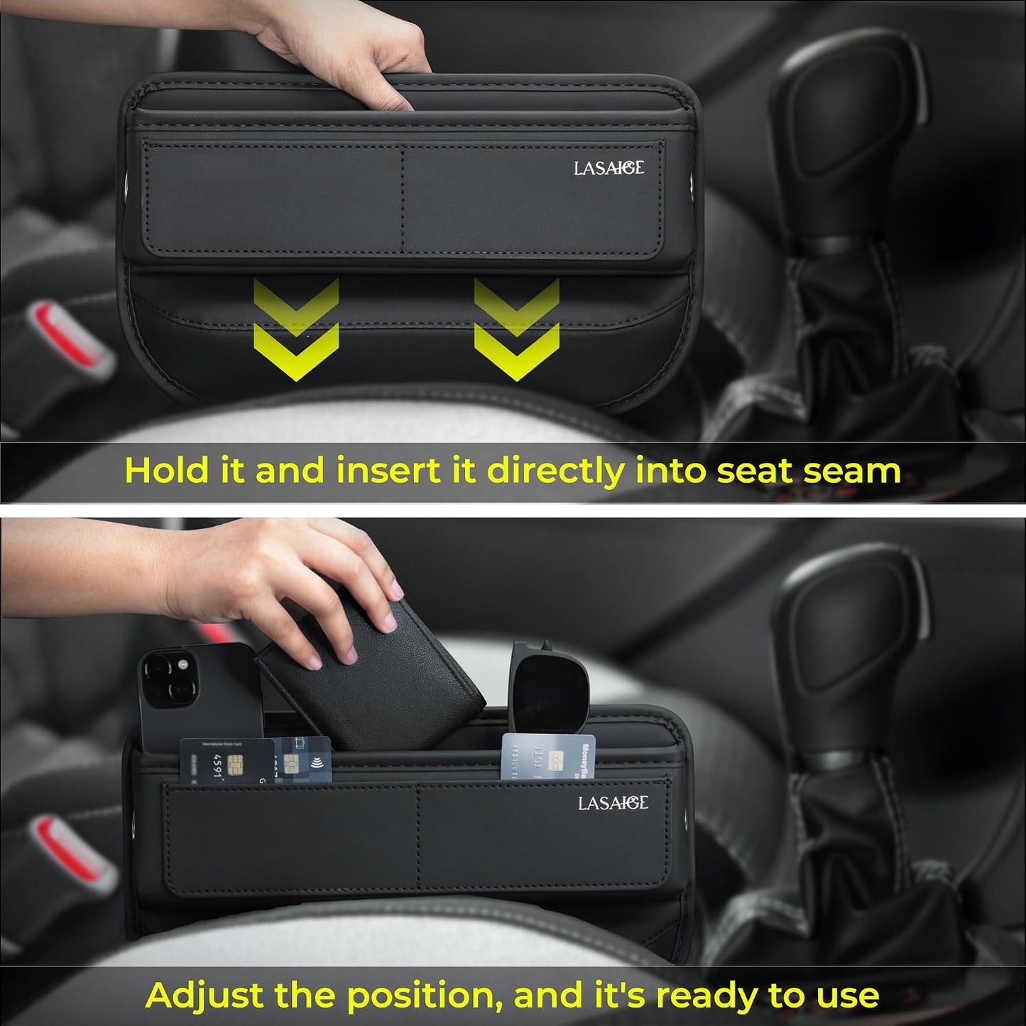 Car Seat Gap Filler Organizer (Black) -Soft PU Leather Car Seat Gap Filler Organizer - Gap Filler For Car w/ Pockets & Large Compartment - Slip-Resistant Between Seat and Center Console