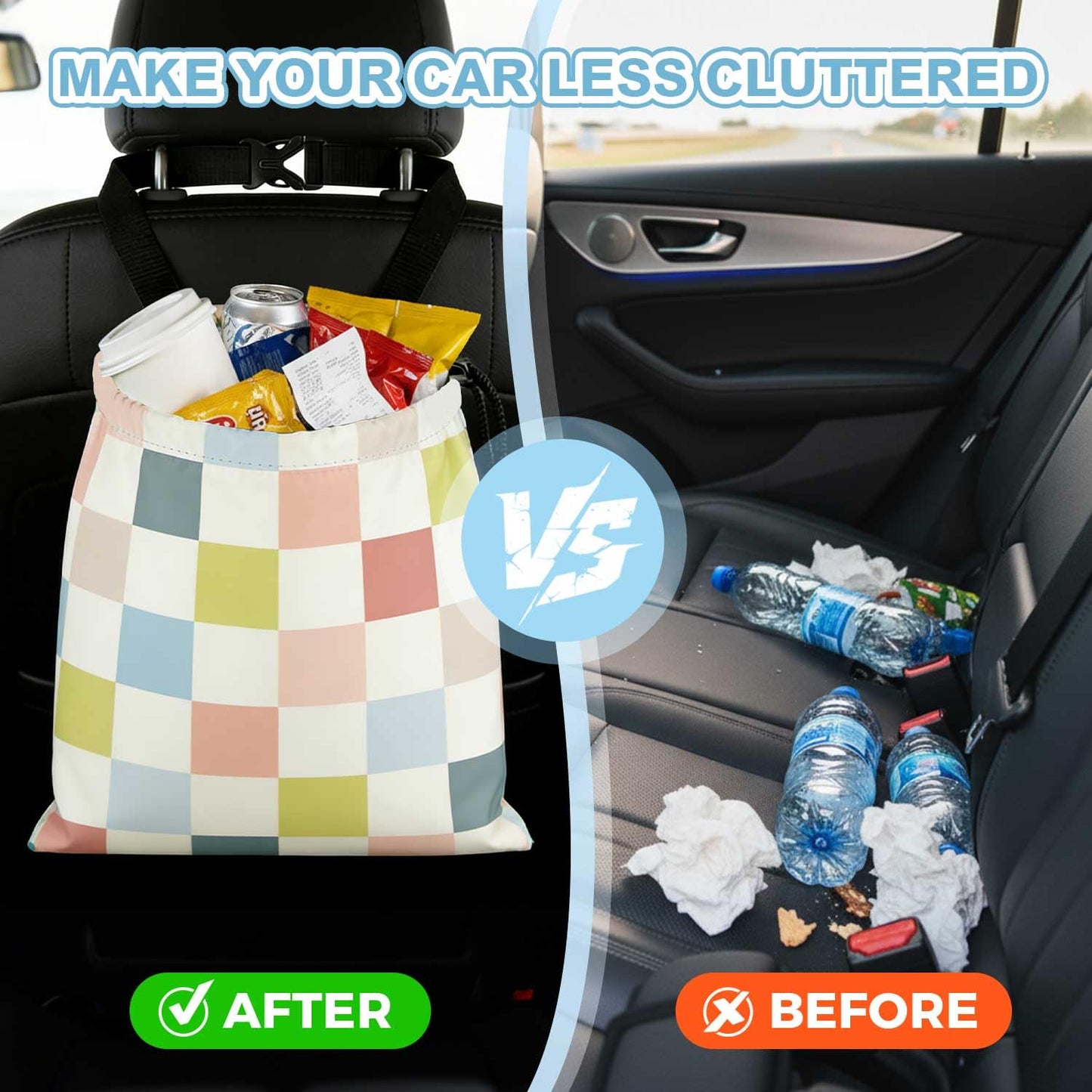 Colored chessboard Car Trash Bag - Waterproof Car Trash Bag Hanging Leakproof Car Garbage Bag - Washable Reusable Trash Bag For Car Interior Hanging Organizer Storage Vehicle Travelling Camping