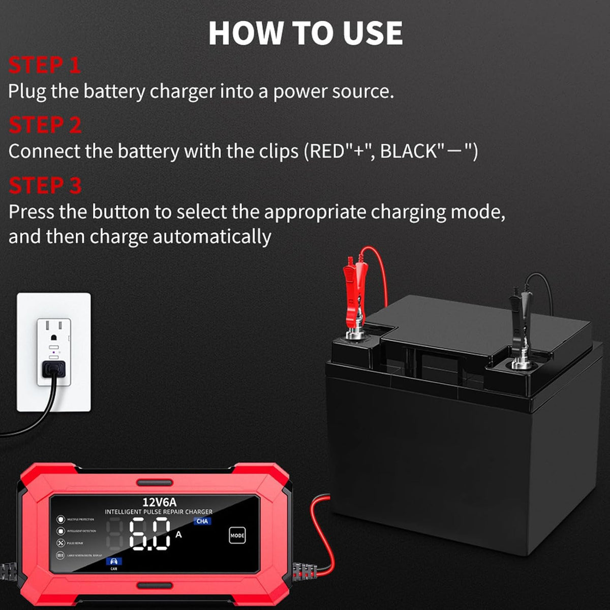 6 Amp Battery Charger, 12V Automatic Smart Battery Trickle Charger, Battery Maintainer Desulfator with Temperature Compensation for Car Truck Motorcycle Lawn Mower Marine