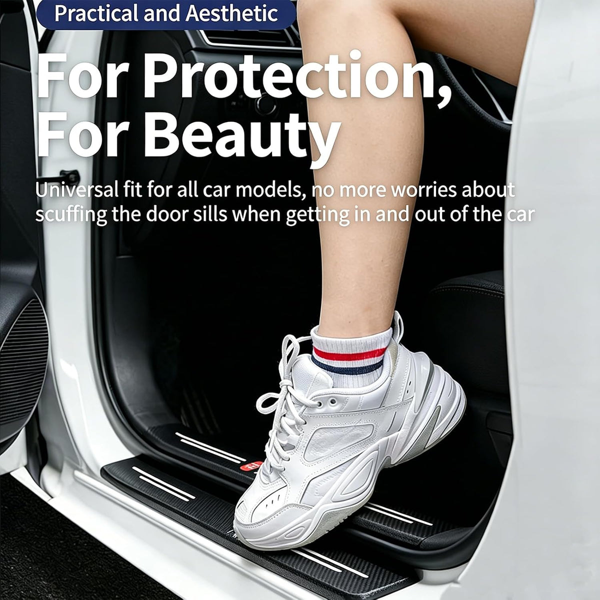 Car Door Sill Guards Front & Rear Car Door Threshold Protector Carbon Fiber & Textured Leather Door Sill Protectors (Protective Umbrella, 4 Pcs)