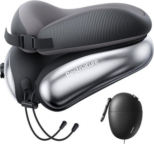 Neck Pillow for Traveling, Travel Pillows for Airplanes, Adjustable Neck Pillow Airplane Travel Essentials - 2 Layer Patented | Inflatable Air Loop & Memory Foam for 360° Ergonomic Support