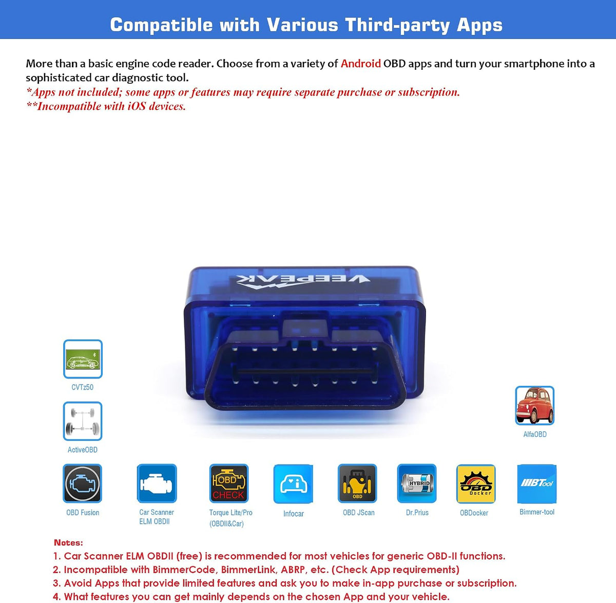 Veepeak Mini Bluetooth OBD2 Scanner Code Reader for Android (NOT for iOS)
