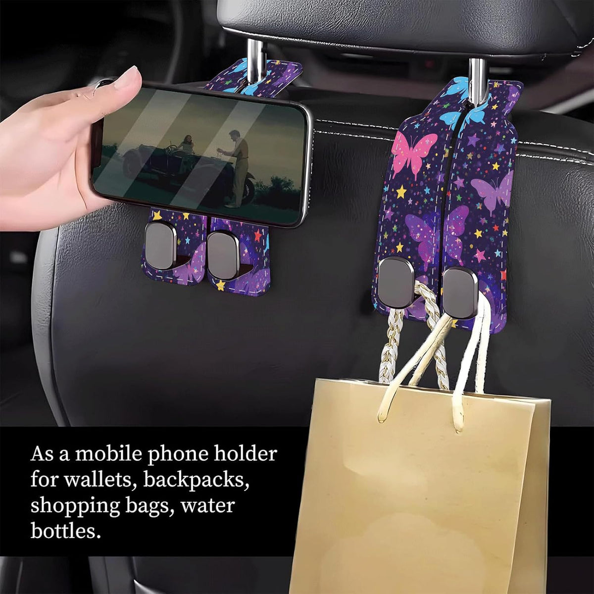 Car Seat Headrest Hook, Universal Leather Cute Hanger Holder Hook, Storage Organizer Interior Accessories for Purse Bags Handbag Purple Cute Butterfly