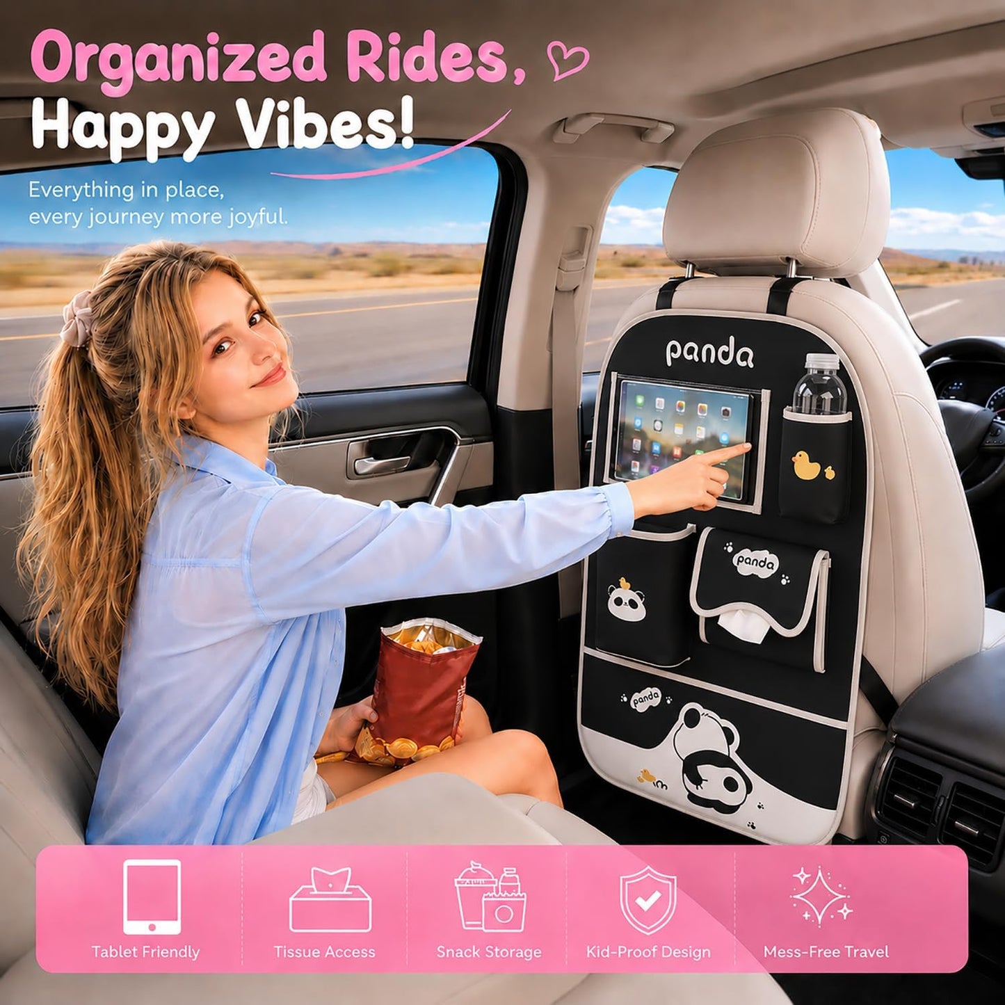 YUNZLAN Cute Panda Leather Car Backseat Organizer 1 Pack Car Seat Back Protectors with Clear 10" Tablet Holder + 4 Storage Pockets