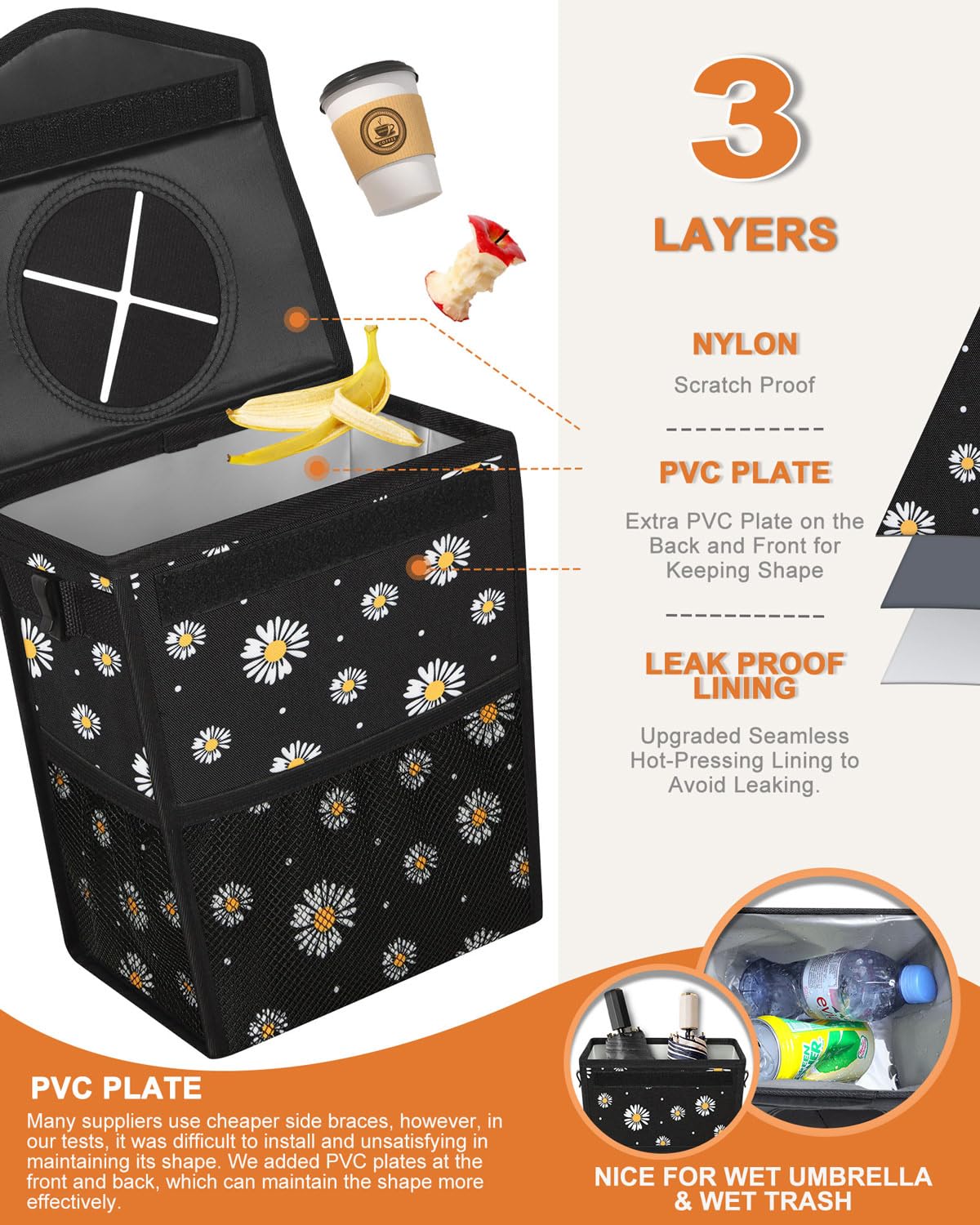 Pritent Car Trash Can with Lid, Cute Leakproof Car Trash Garbage Bag Hanging Vehicle Trash Bin Small Portable Automotive Garbage Cans Organizer for Back/Front Seat/Console(Trapezoid,Black Flower)